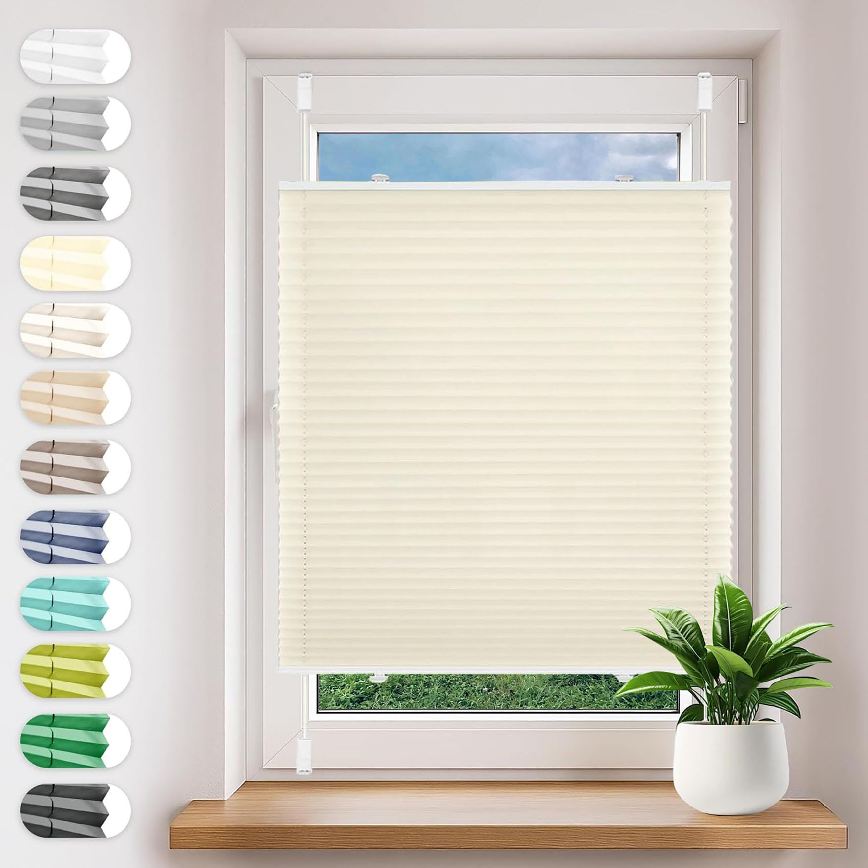 Store plissé occultant 115x180 cm beige sans perçage pour fenêtre
