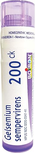 Boiron Gelsemium Sempervirens 200 Ck para aprehensión con temblor y dolor de cabeza, 80 pellets