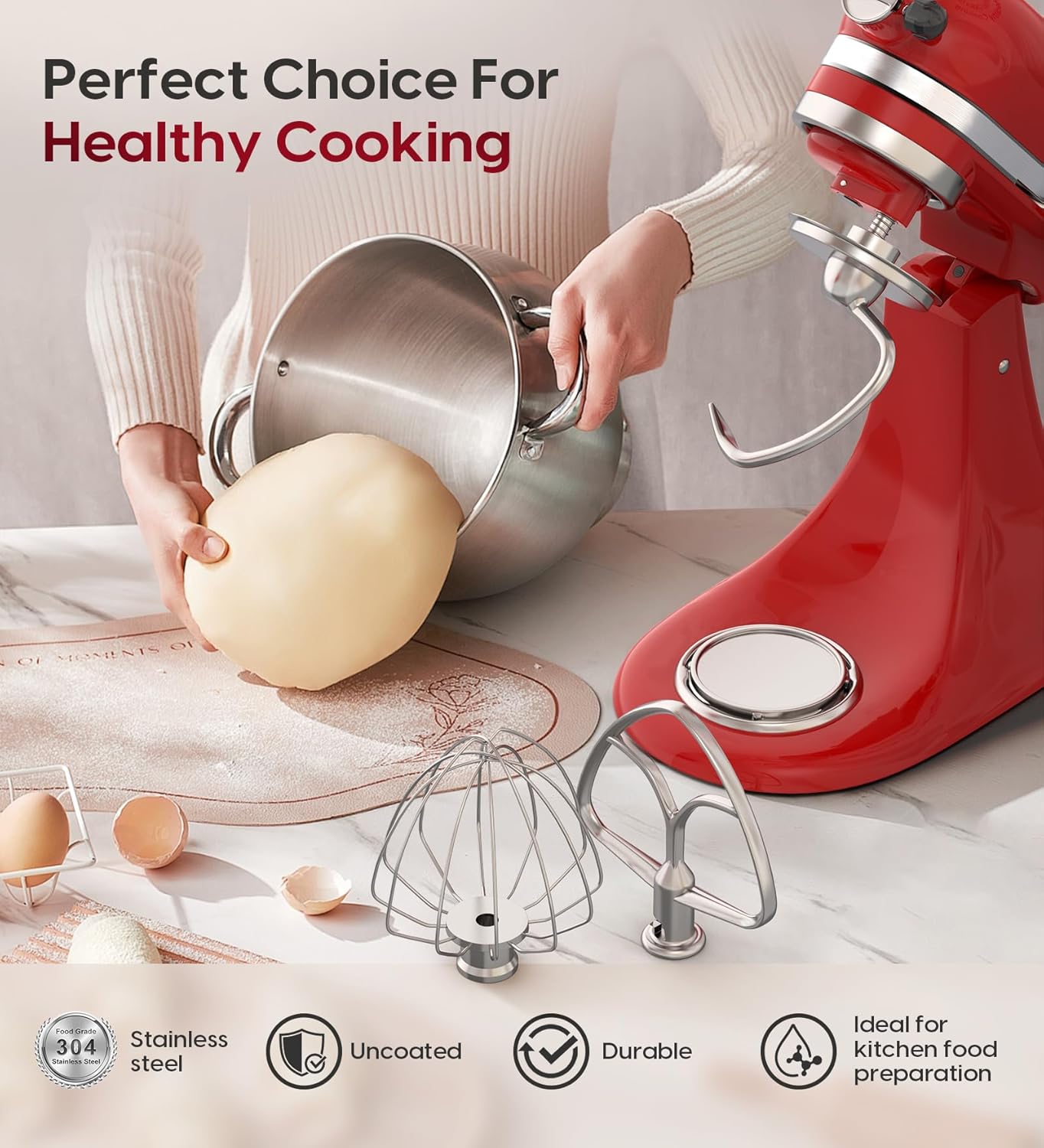 Stainless Steel Accessories 3 Piece Kit for KitchenAid 4.5 and 5 Quart Tilt-Head Stand Mixers, Includes 4.5-5QT Flat Beater, Dough Hook, K45WW 6-Wire Whisk for Kitchen Aid Attachments & 4.5-5 Qt Bowl