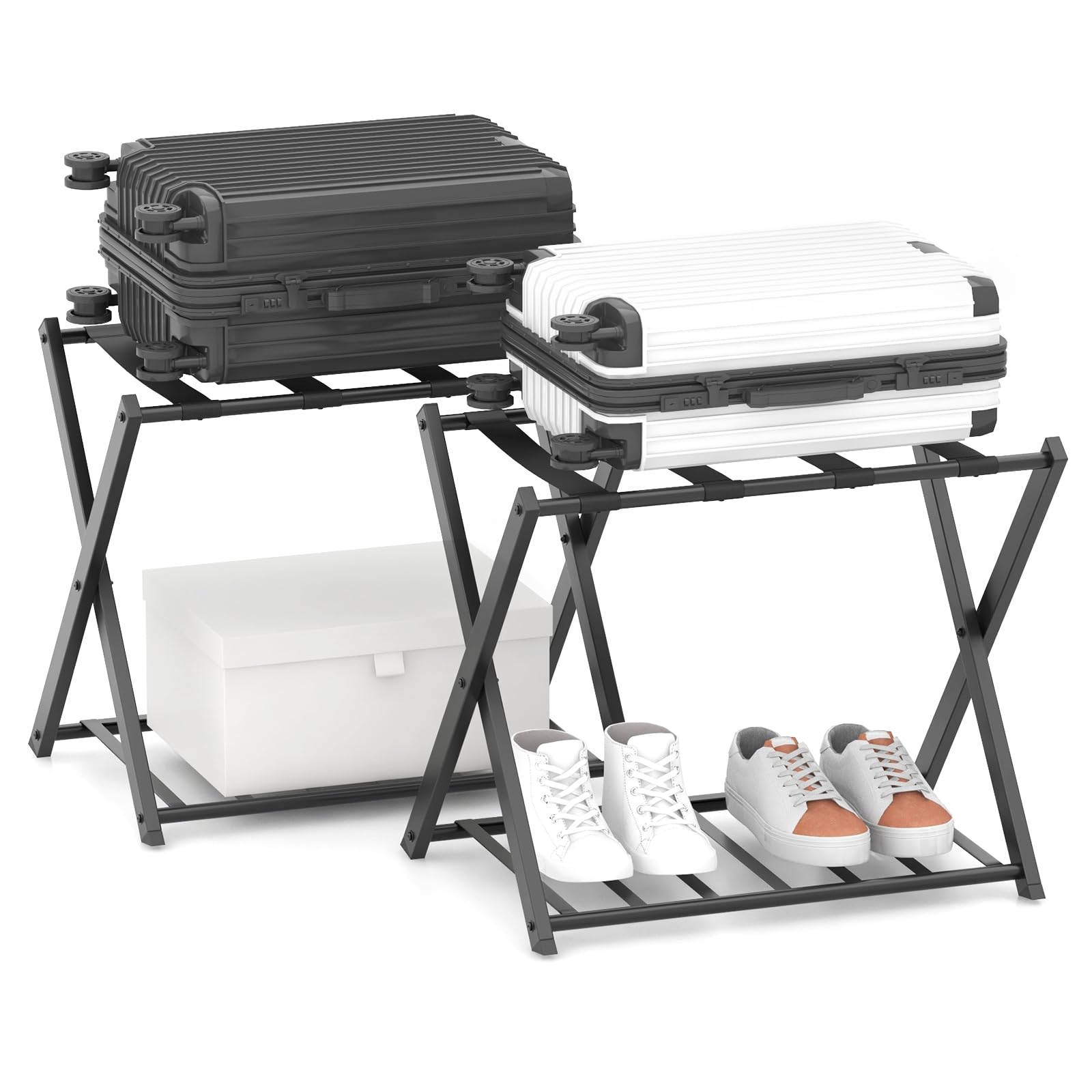 COSTWAY Portavaligie Pieghevole 2 Ripiani, Cavalletto da Valigie w Metal, 68 x 43 x 56 cm, Nero