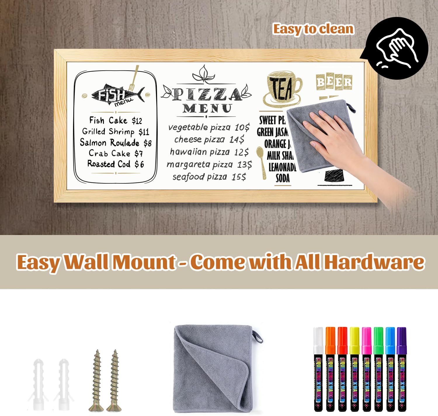 Large Magnetic Chalkboard for Wall, 58 x 25 Inch Solid Wood Framed Natural Whiteboard, Wall Mounted Chalk Board for Kitchen, Restaurant, Food Truck and Calendar Board