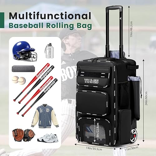 Miniatura 4 de Bolsa de béisbol con ruedas, bolsa de sóftbol con ruedas con gancho para valla para bate y equipo de TBall, bolsa ligera para bates de béisbol con