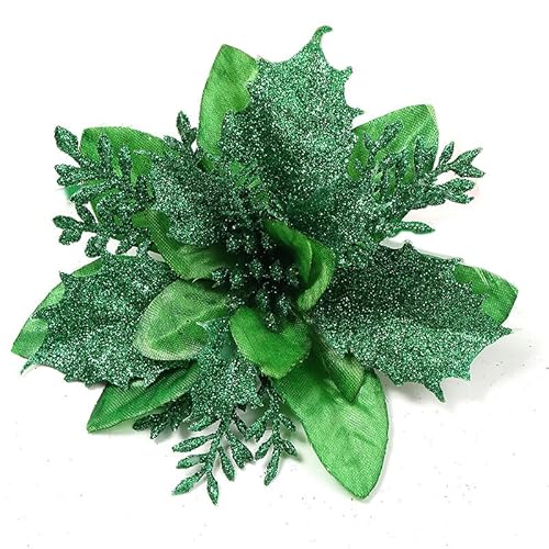 YYCRAFT Lot de 12 poinsettia artificielles en soie scintillante pour sapin de Noël, décorations de Noël (vert, 15,2 cm)