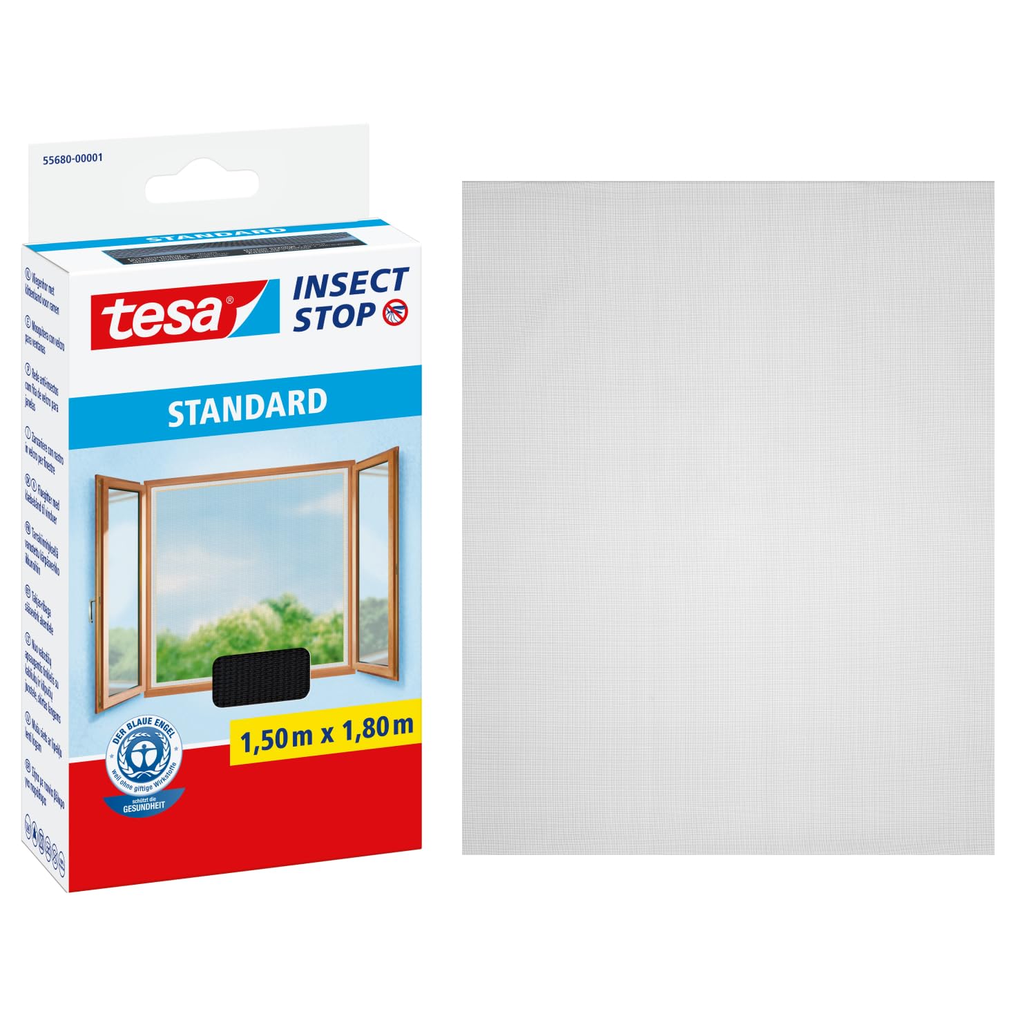 tesa Insect Stop Klett Fliegengitter für Fenster - Insektenschutz mit Klettband, zuschneidbar - Mückenschutz ohne Bohren - 1 x Fliegen Netz - 150 cm x 180 cm - Anthrazit