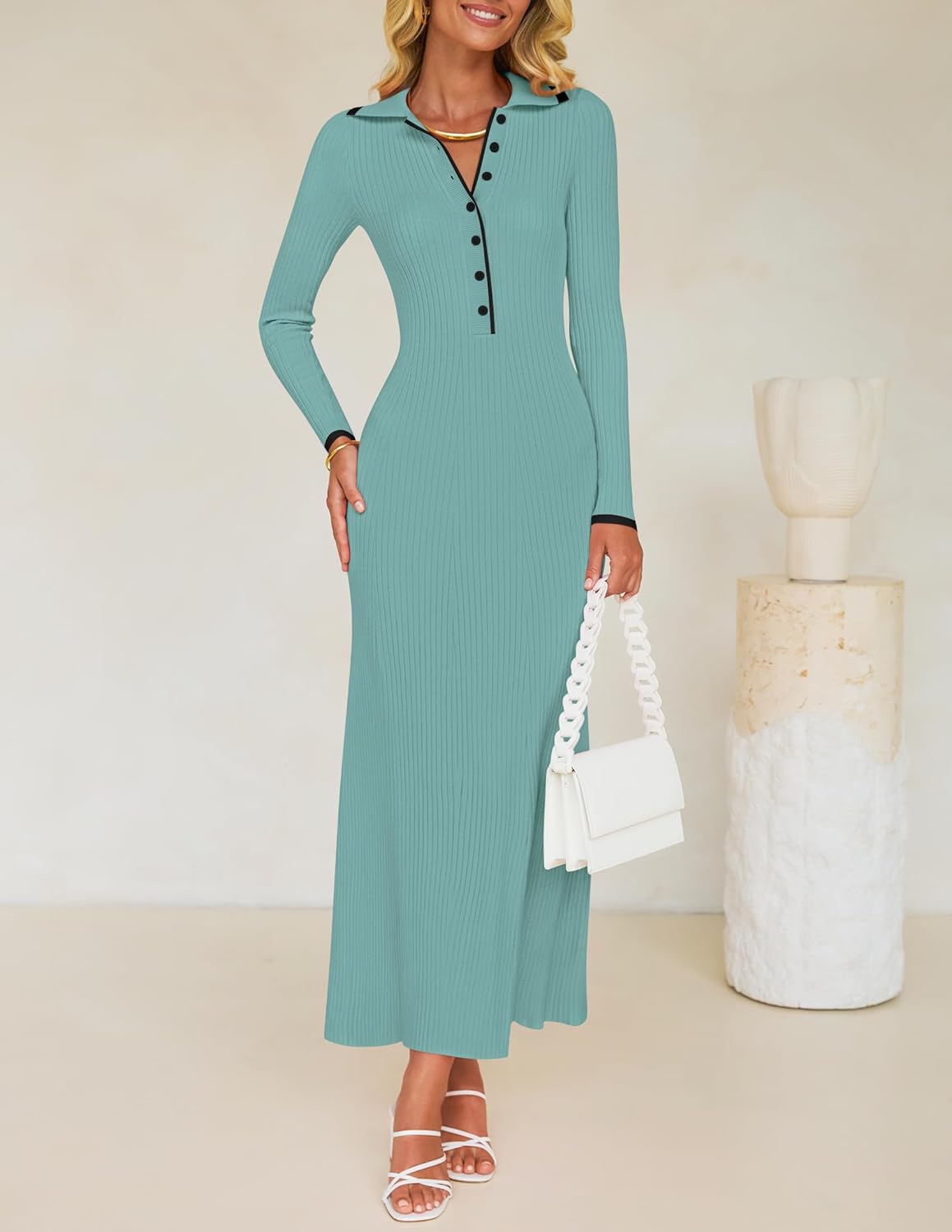 ZESICA Women's Long Sleeve Sweater Dress 2026 Fall V Neck Ribbed Knit Casual Formal Cocktail Bodycon Maxi Dresses - Image 2