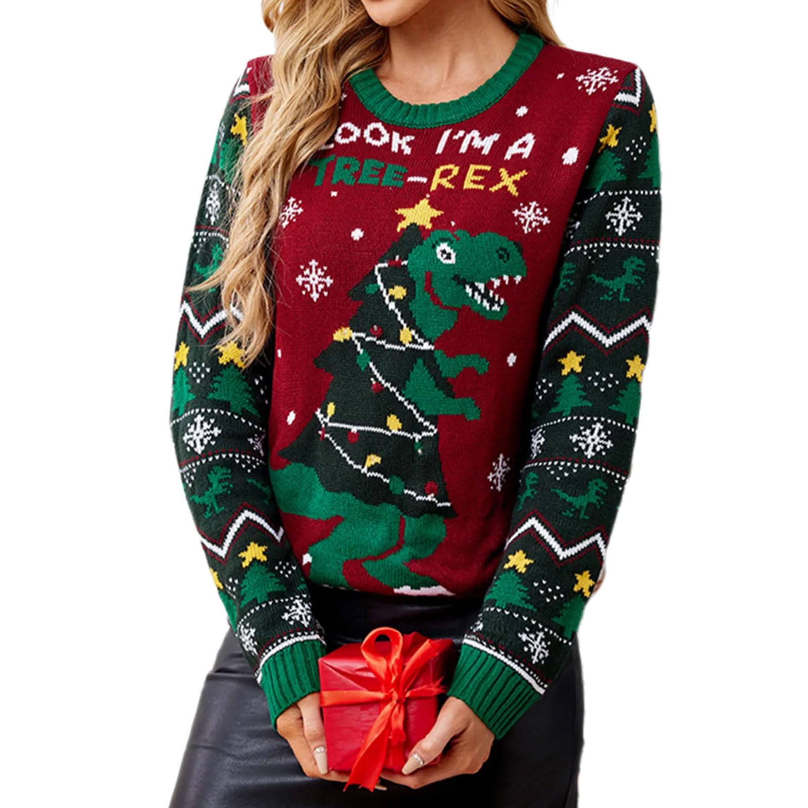 Novità Cartoon Santa LED Light Up Brutto Maglione di Natale per riunioni di famiglia Donne Manica Lunga Girocollo Maglione Top Babbo Natale Maglia Top
