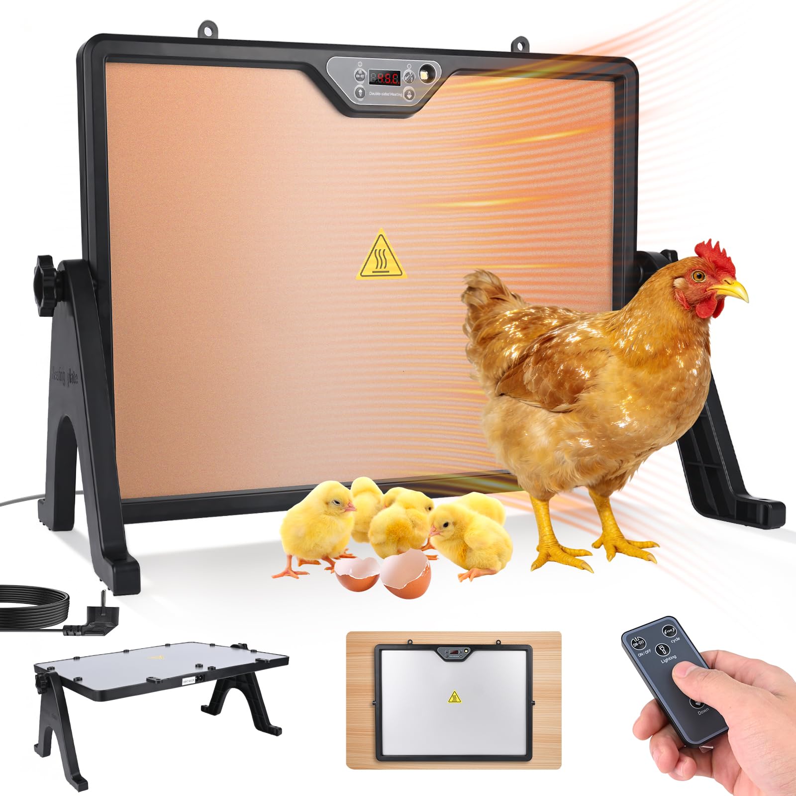 Plaque Chauffante Poussin,180W Lampe Chauffante Poussin,30-75 °C,Plaque Chauffante pour Poussins avec Télécommode,Minuteur,Chauffage pour Poulailler avec Eclairage