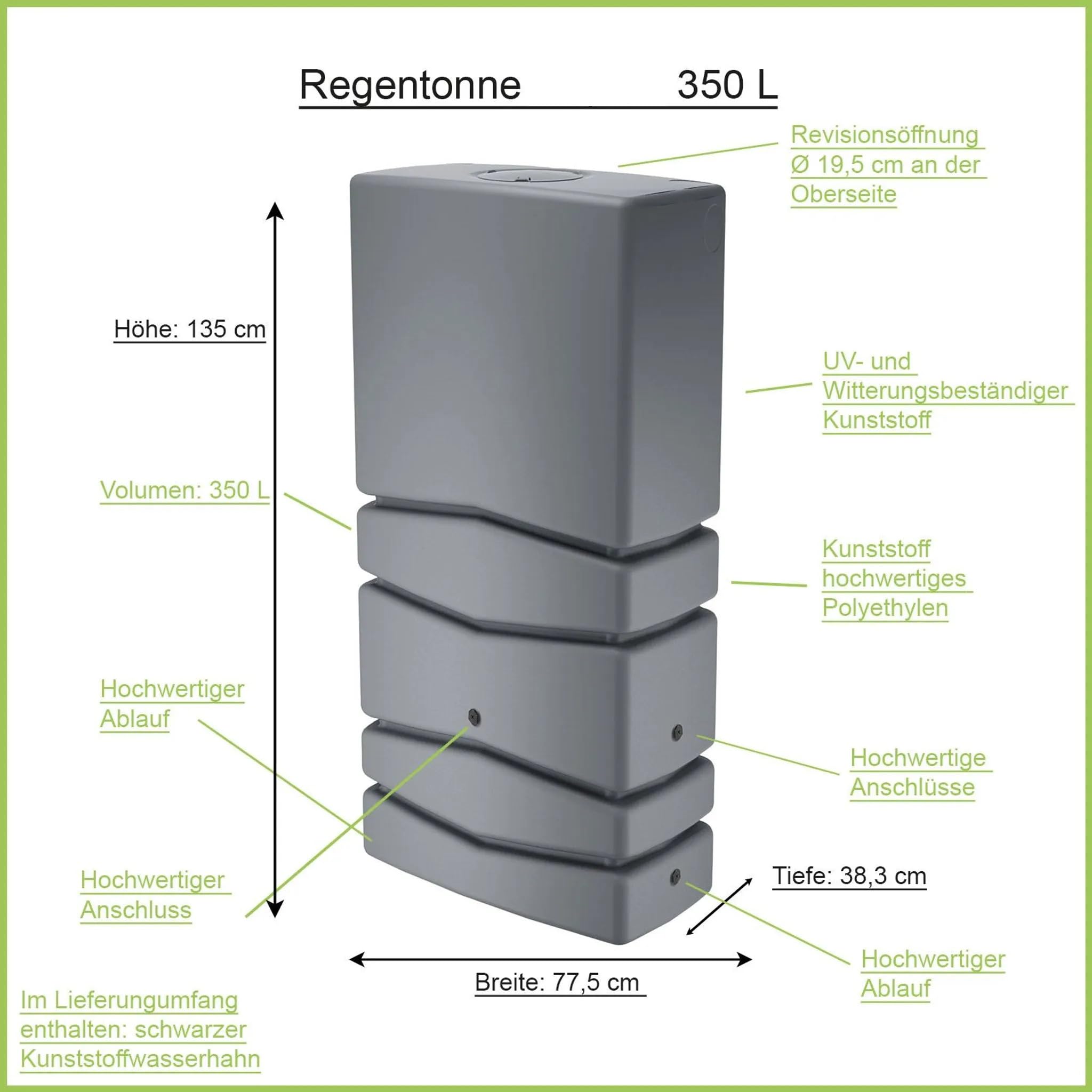 Regentonne 350L in Grau, Robuster Regenwasserspeicher für Garten, 135 x 38 x 77 cm