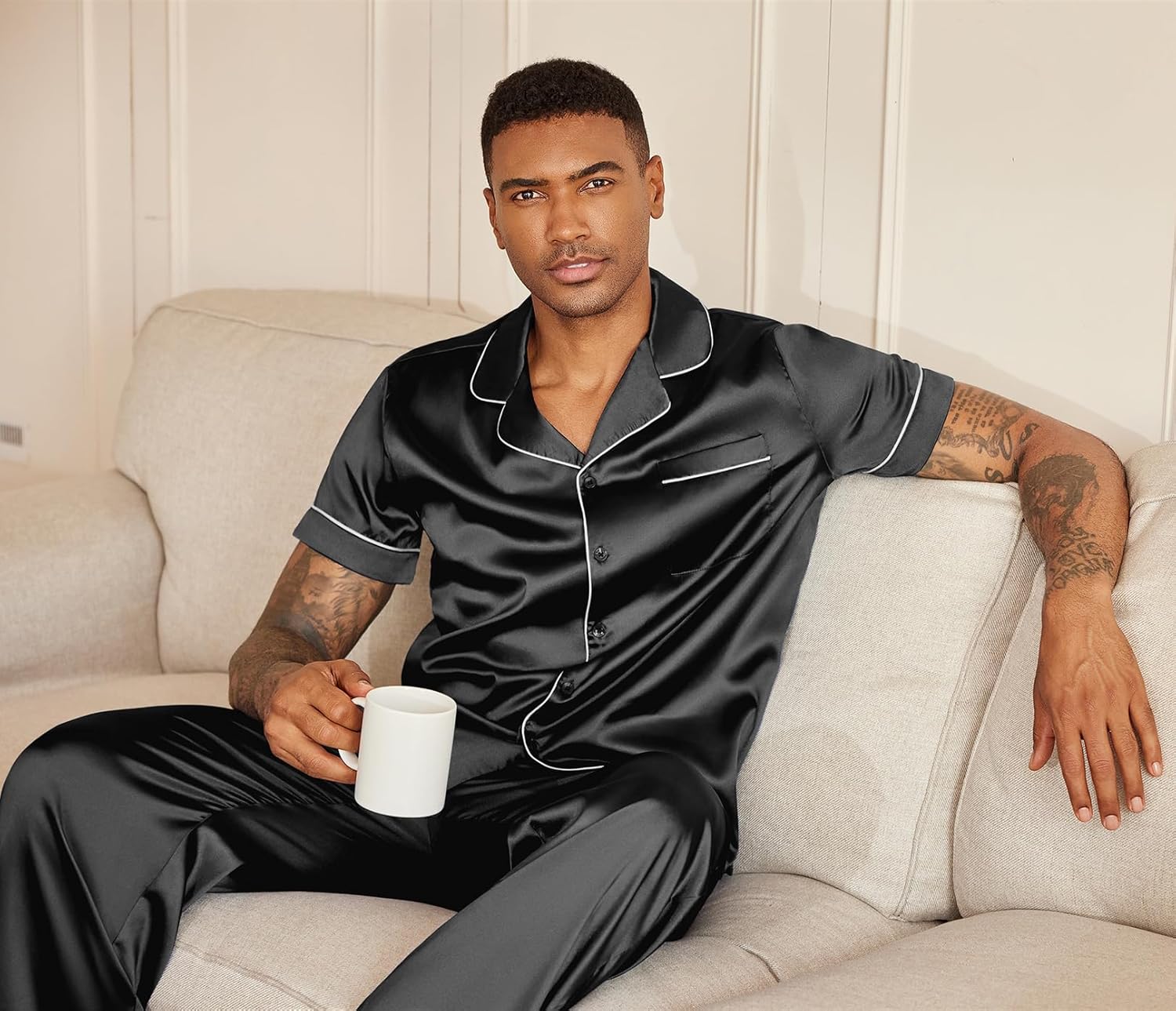 Ekouaer Mens Satin Pajama Set Short Sleeve Button Down Sleepwear Classic Loungewear Set with Long Pants - Image 6