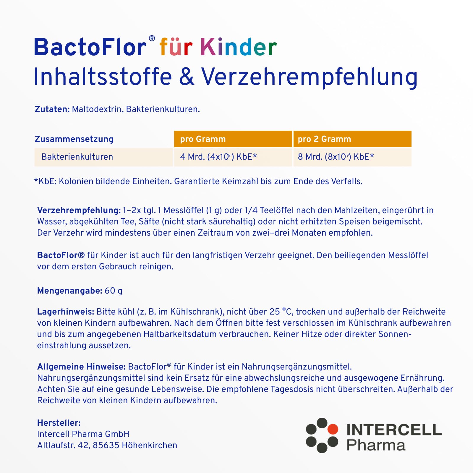 BactoFlor® für Kinder (60 g)– Probiotika Pulver mit 10 Kulturen für den Darm – 4 Mrd. KbE/g – mit Lactobacillus & Bifidobacterium – geschmacksneutral, vegan & glutenfrei – für Kinder bis 12 Jahre