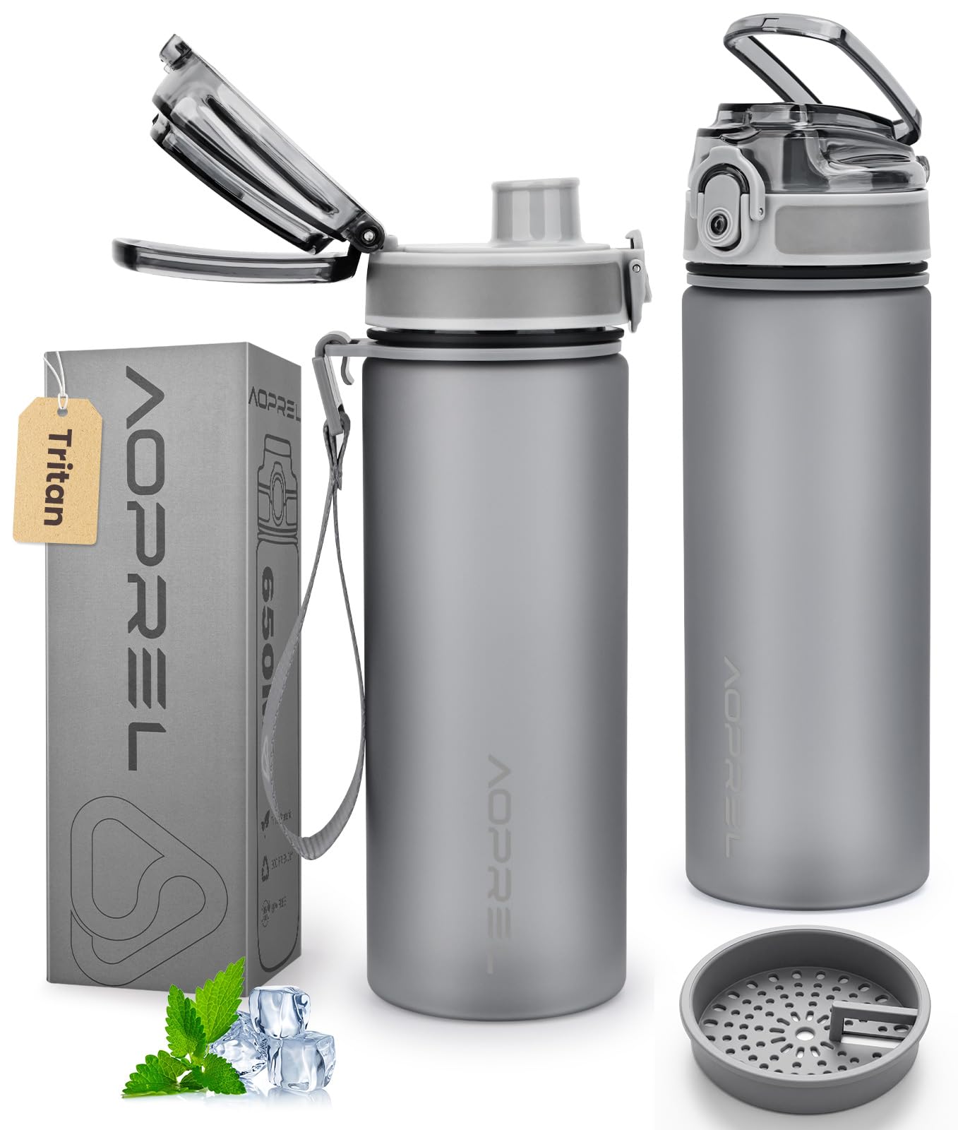 Aoprel Grey Leakproof Water Bottle 1L/650Ml With Time Marker, Bpa-Free Tritan
