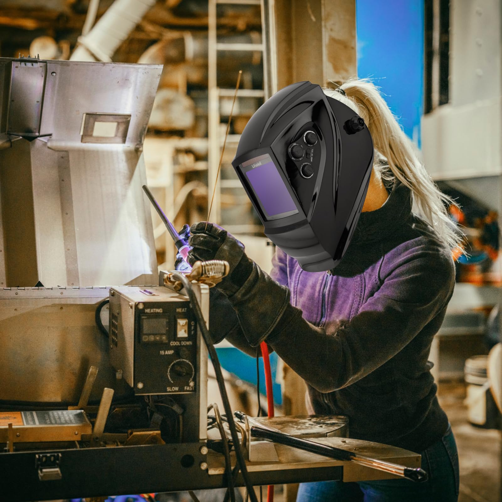 LESOLEIL Maschera Saldatura Autoscurante, Casco per Saldatura con Filtro a Colori Vero, Batería, 4 Sensori ARC e Tonalità Variabile DIN 5-9/DIN 9-13 per saldatura TIG MIG (Nero)