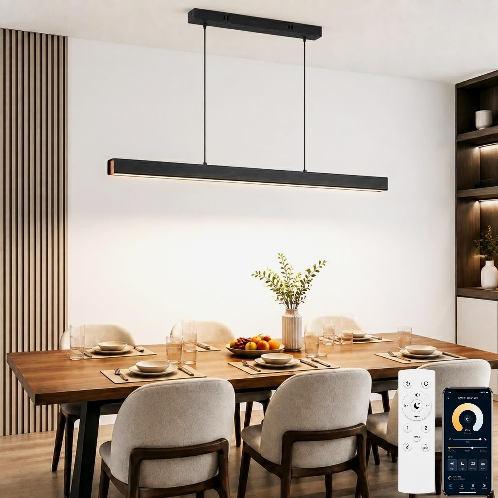 Lampa wisząca LED Jadalnia, Pilot & APP, Dekor Drewniany, Czarna, 100cm