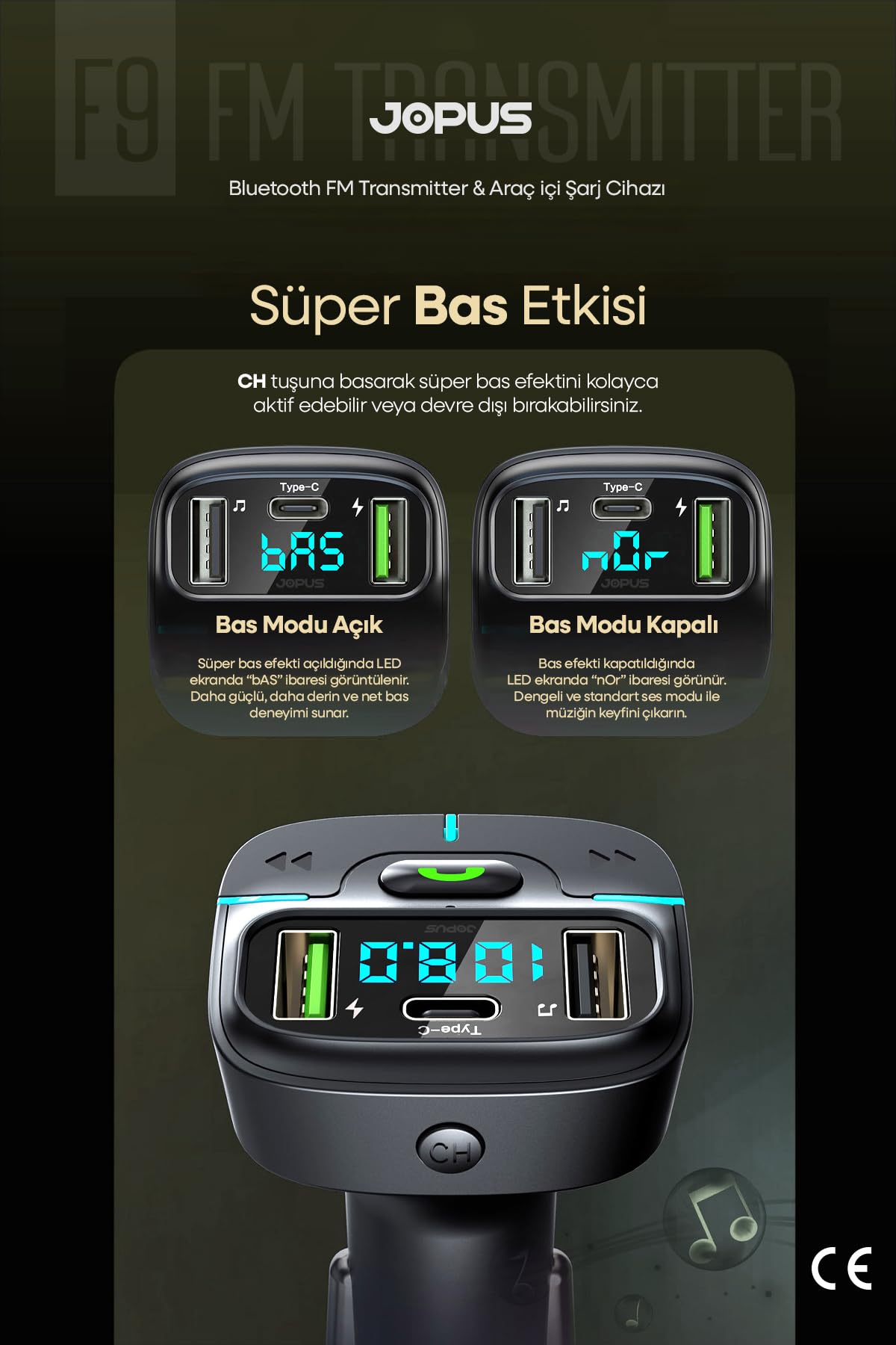 Jopus Bluetooth FM Transmitter Araç Kiti, Hızlı Şarj, USB, Type-C, HD Mikrofon, 9914
