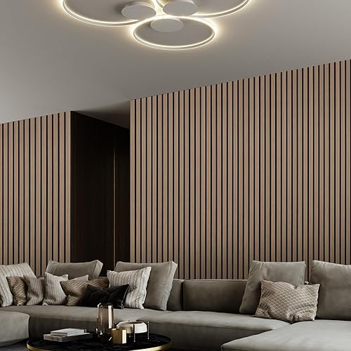 Miniatura 7 de 4 paneles de listones de chapa de madera acústica, paneles insonorizados de 47.2 x 12.2 pulgadas, paneles de pared de madera empalmada 3D sin