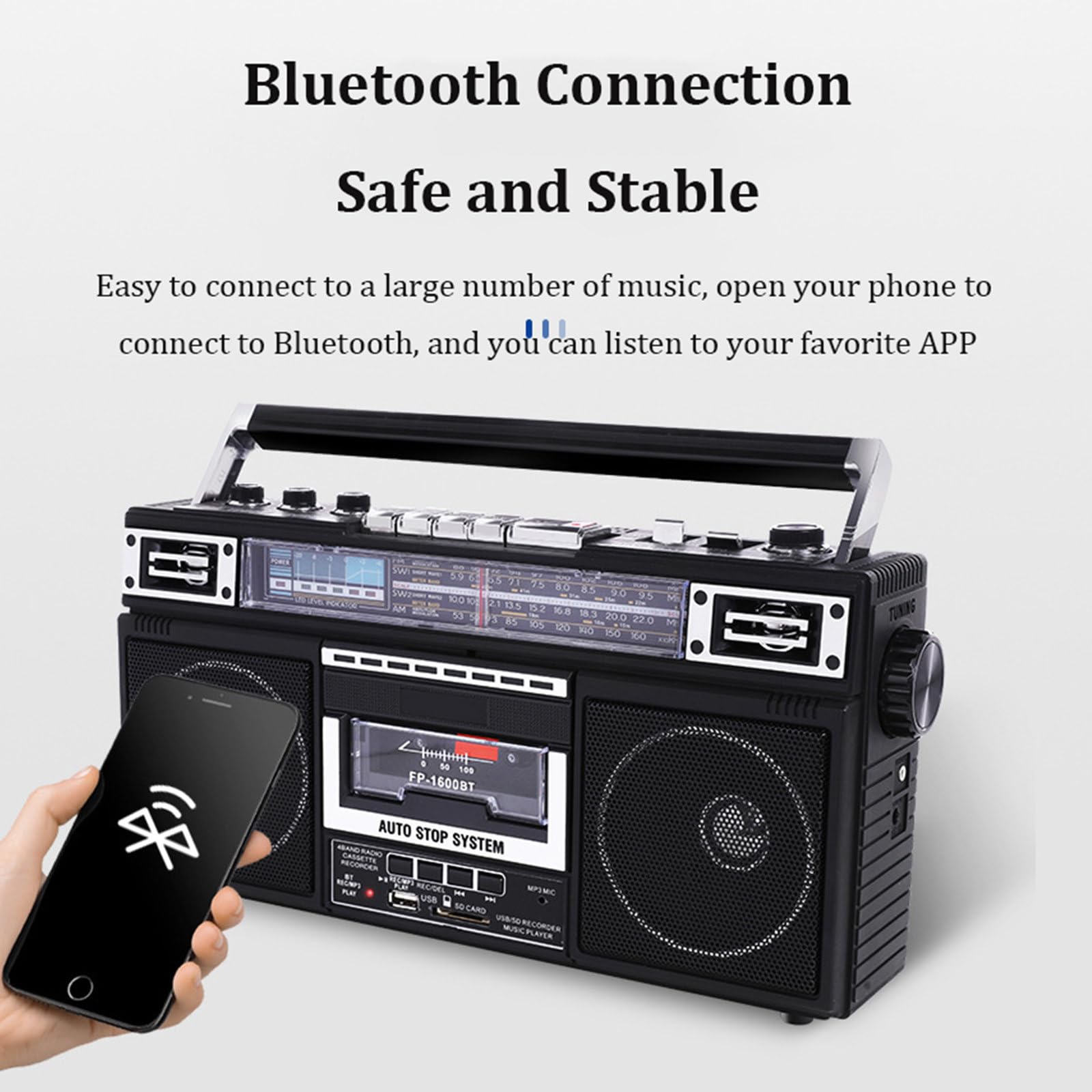 Retro 80s Style Bluetooth Cassette Player, przenośny radioodtwarzacz kasetowy i odtwarzacz z AM/FM/SW1-2, obsługuje karty TF/odtwarzanie USB i Bluetooth, nagrywanie/transkrypcja