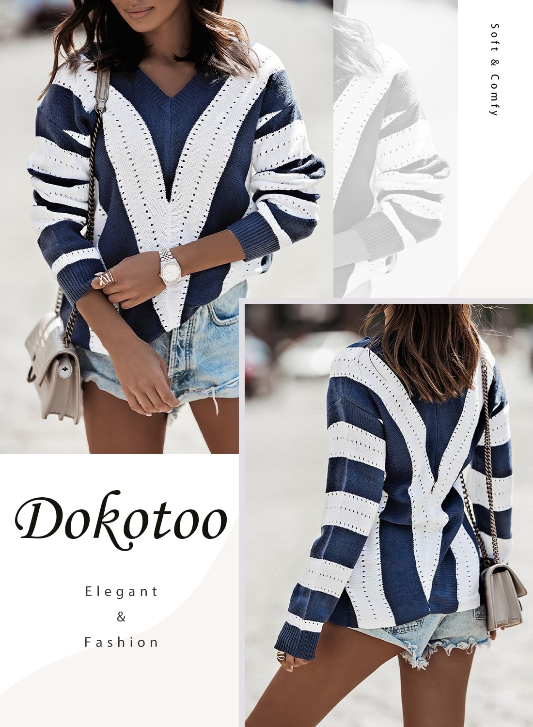 Dokotoo Maglione da Donna con Scollo a V Maglia Termica Invernale Manica Lunga Pullover a Righe Elegante Felpa S-XXL