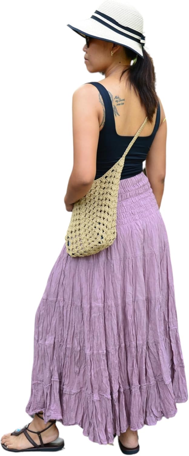 Sakoonee Boho Hippie Maxi Skirt Long Summer Cotton Dress for Women with Smocked Elastic Waist