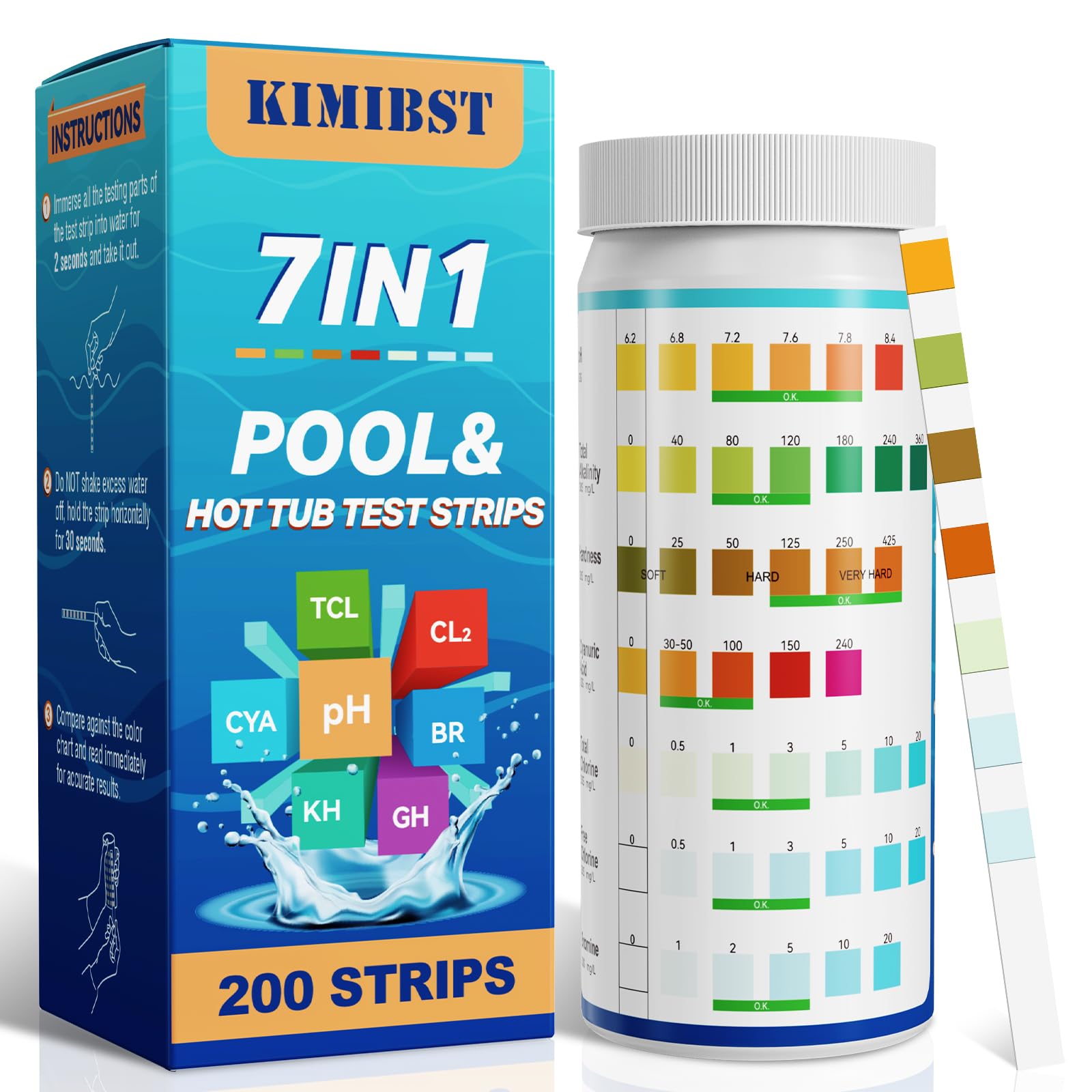 KIMIBST Pool-Teststreifen: 200 Stück 7-in-1 Professionelles Tester für Whirlpools und Spas zur Messung von Brom pH-Wert Gesamtchlor Härte Cyanursäure und mehr