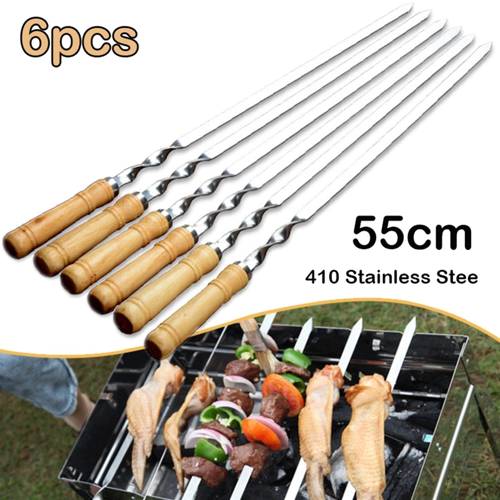 Spiedini per Barbecue, Spiedini for Kebab, spiedini for Barbecue Grandi da 55 cm, riutilizzabili, in Acciaio Inox, con Manico in Legno, for Campeggio all'aperto e Picnic
