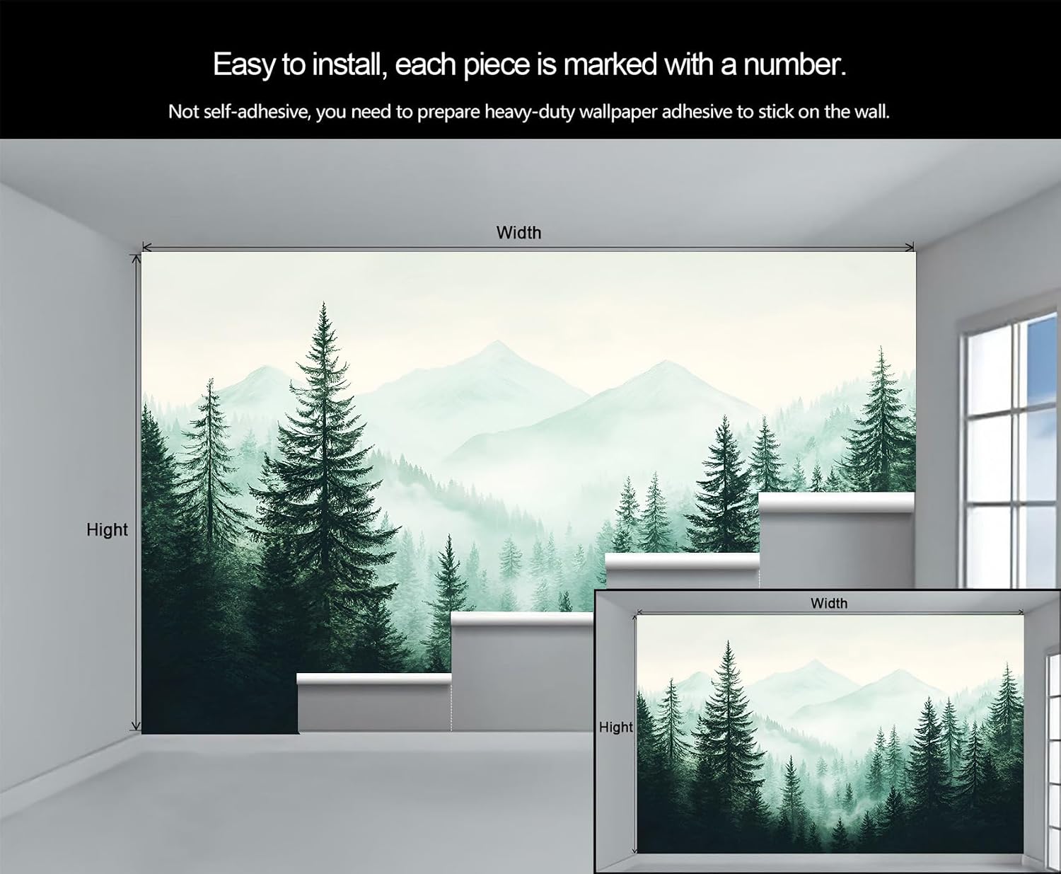 Misty Forest Mural, 118" x 82.6" Murals, Pine Tree Wall Mural for Living Room Bedroom, Smoky Mountain Artistic Wallpaper, Forest Murals Wallpaper (Not Peel and Stick)
