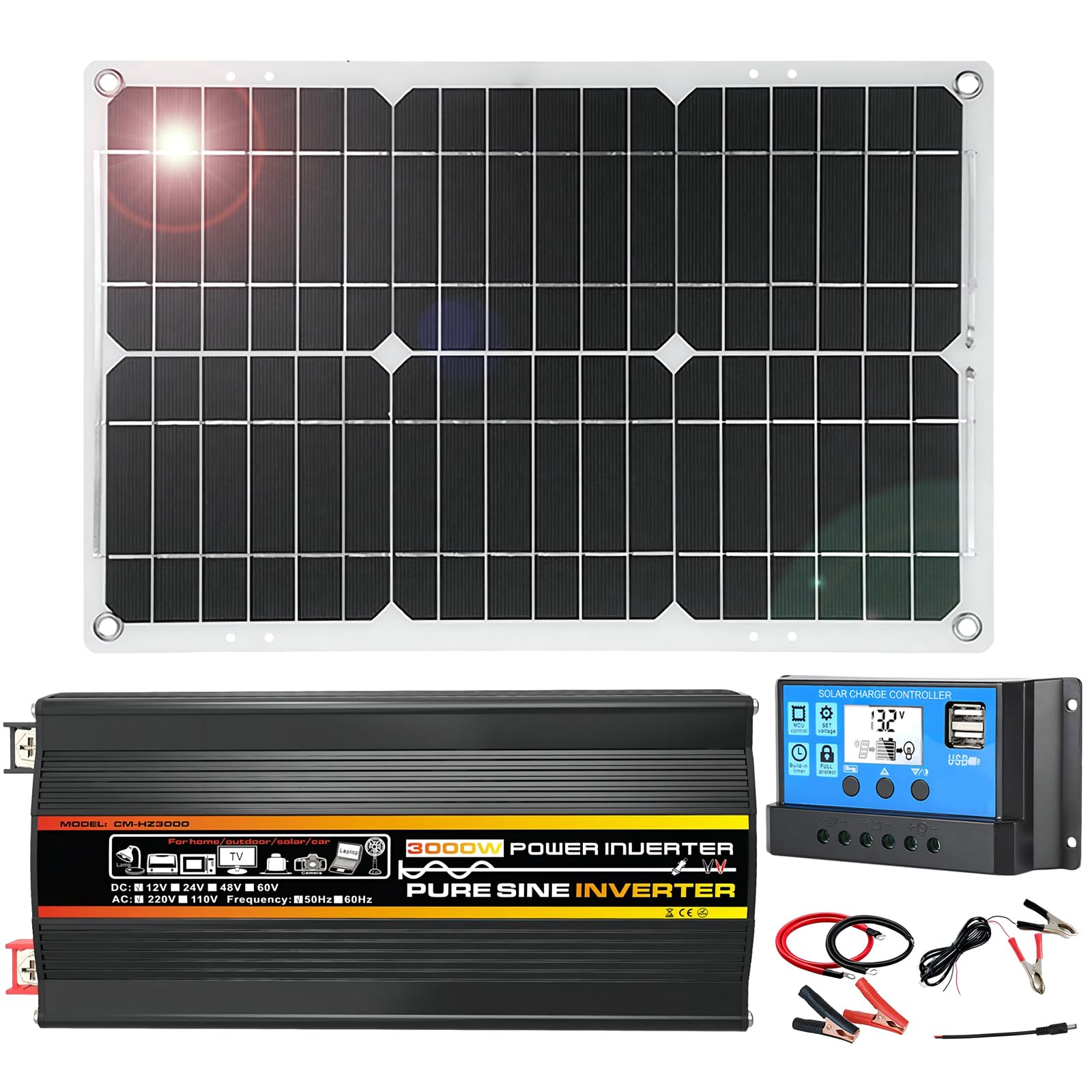 Zestaw paneli słonecznych 3000 W 12 V do użytku poza siecią, z falownikiem sinusoidalnym i panelem monokrystalicznym 18 W do kamperów i na kemping