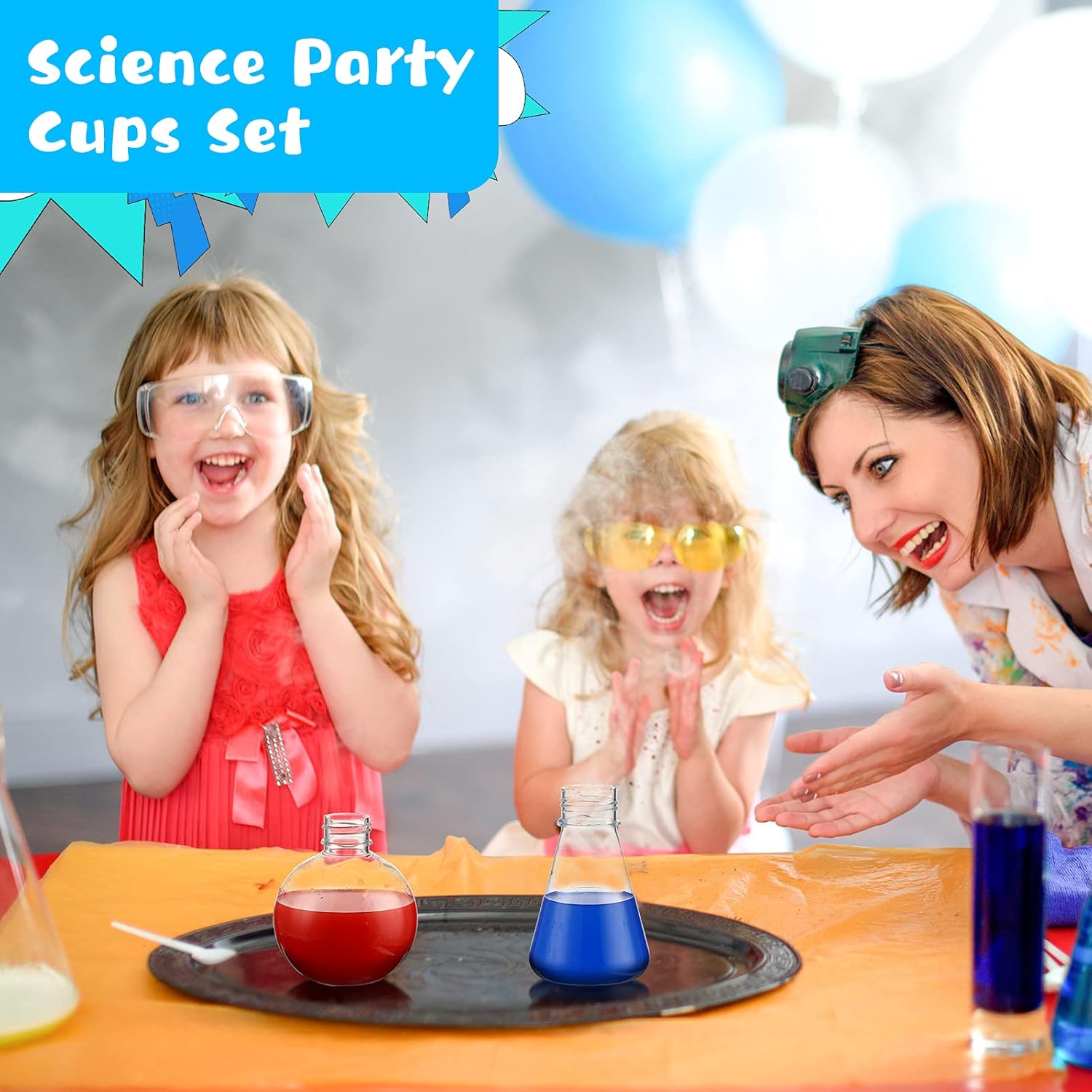 32 Pieces Science Party Theme Cups Set with Silly Loop Straws, Plastic Reusable Conical Flask Round Bottom Flask Shape Bottles and Funny Colorful Drinking Straws for Science Party Decorations