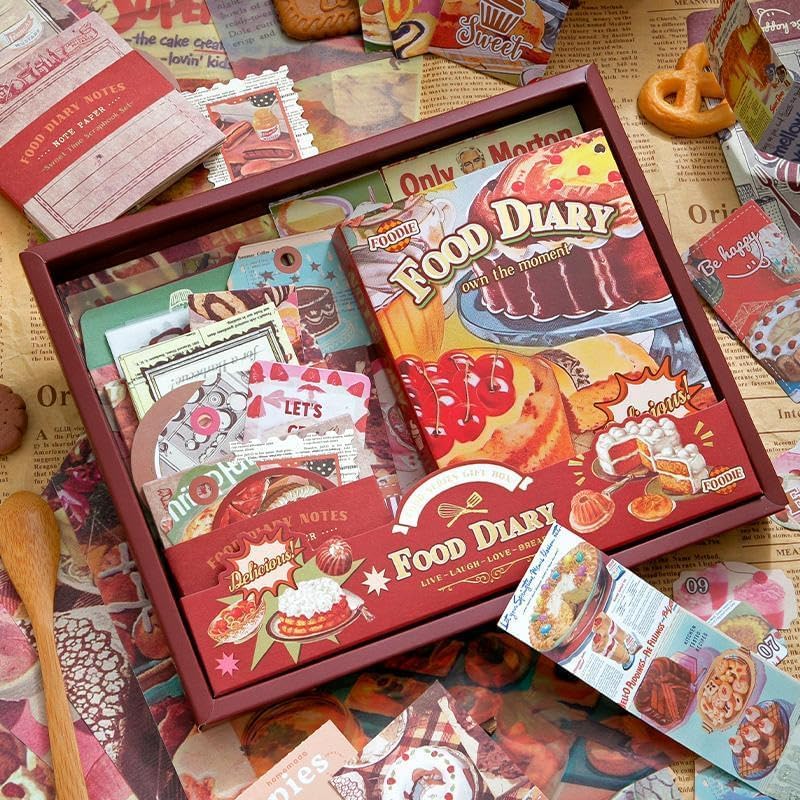 Image of GDNK Scrape Book Kit Scrapbooking Kit Vintage Journal Scrapbook Pack DIY Paper Stickers, Craft Kits Notebook, Collage Album Aesthetic Sticker Journaling Scrapbook Photo Album (Food Diary)