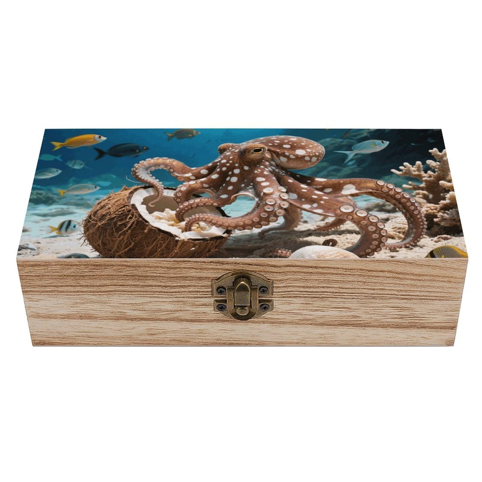 FodPand Decorative Keepsake Box Wooden Storage Boxes with Hinged Lid Handmade Coconut Octopus Wood Organizer Memory Treasure Box for Jewelry Craft Card Photo Storage Wedding Bridal Shower Gifts