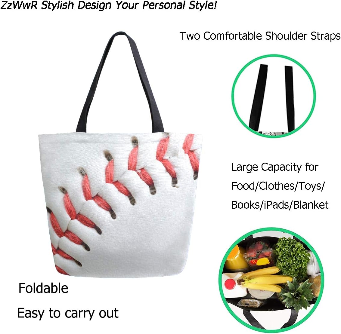 Chic Extra Large Shoulder Grocery Tote Bag, 3d Baseball Close Up Print Canvas Reusable Handle Bags for Men Women Gym Weekender Picnic Beach Travel Home Storage Market Shopping - Image 2