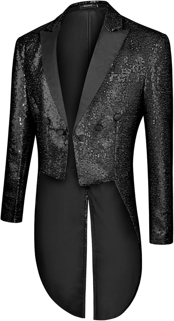 MAGE MALE Mens Sequin Tuxedo Jacket Tails Slim Fit Tailcoat Dress Coat
