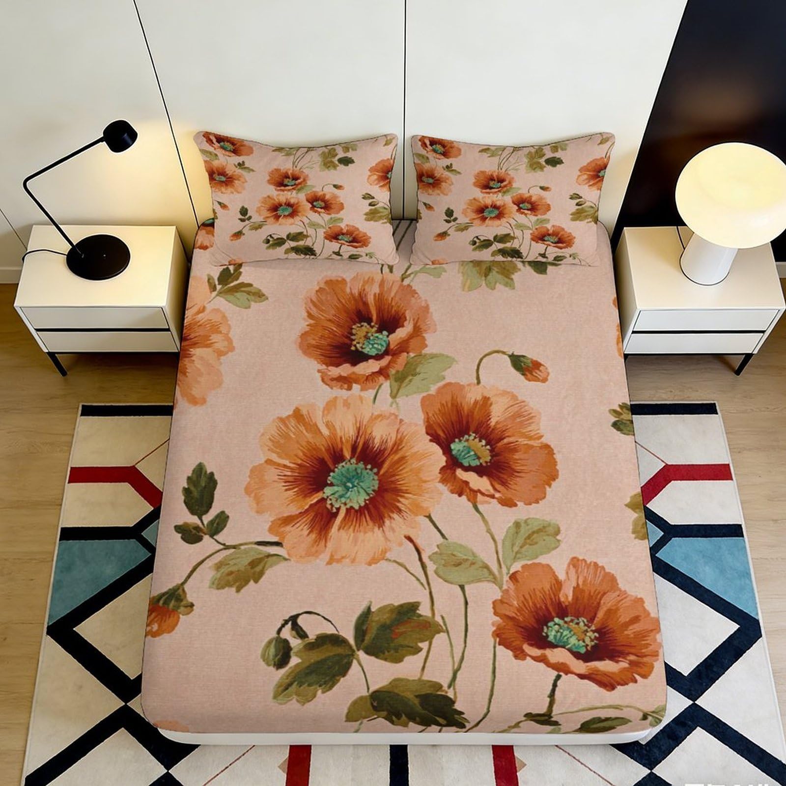 Uxinyoume Style-2 3D Printed Orange Poppy Flower Fitted Sheet Microfiber Soft Bed Cover For Bedroom Dorm Mattress Protection Decor 90X200x25cm