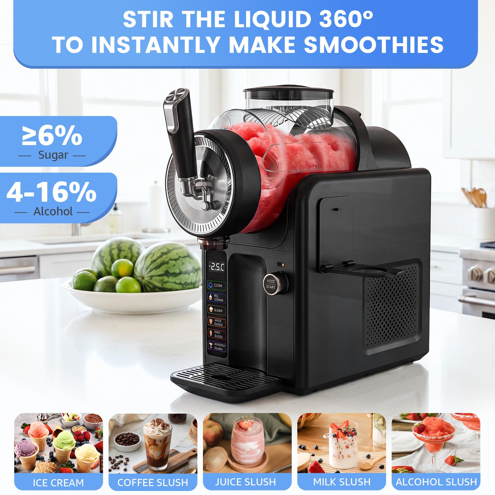Slush Maschine,slushie maschine 2L Softeismaschine,Slushie Maschine für Zuhause,Maschine mit LED-Display,6 voreingestellte Programme für Eiscreme, Smoothies, Milchshakes, Slush-Cocktails und Margarita