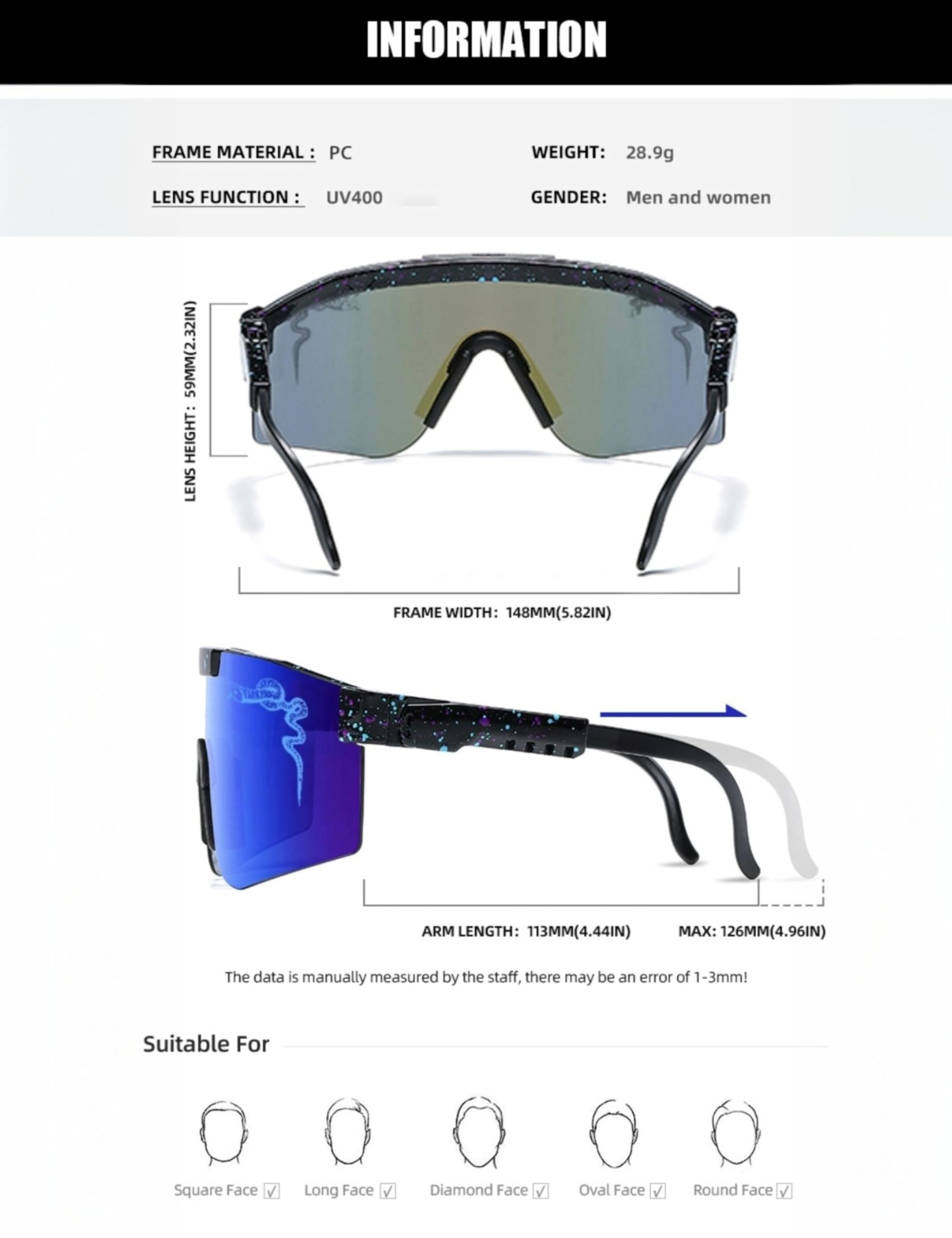 Lunettes de soleil pour le cyclisme et la course à pied - Bras amovibles - Lentille légère en polycarbonate - Lunettes de sport en plein air - Plusieurs couleurs