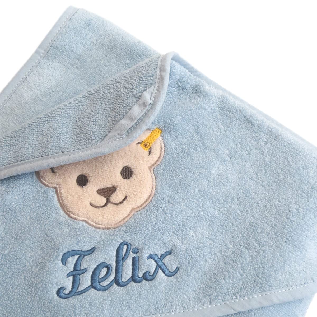 Steiff 2928mn3023 Baby Kapuzentuch mit Ihrem Wunsch-Name Bestickt hellblau 100 cm x 100 cm