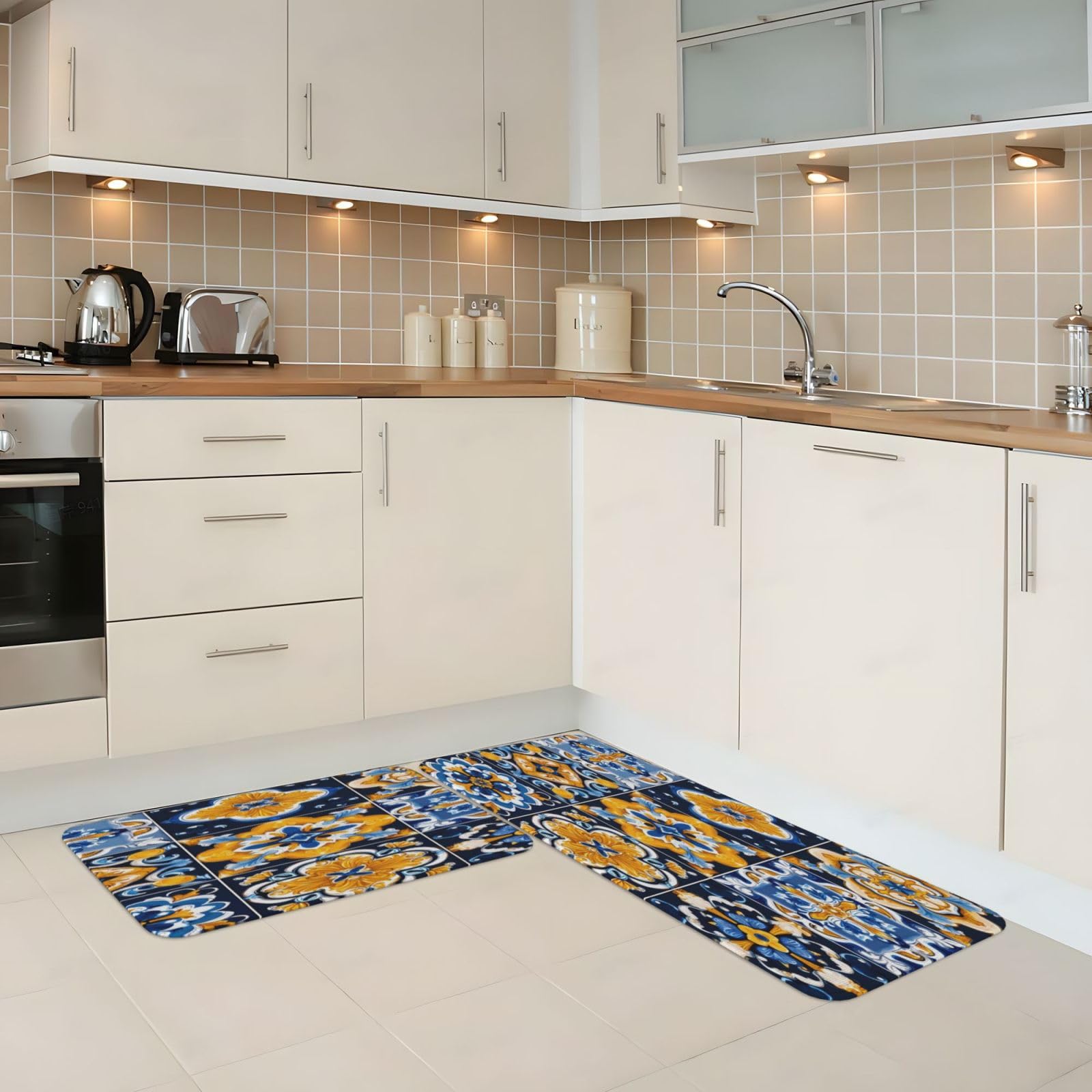 Juego de 2 alfombras de cocina con azulejos españoles de color azul oscuro y amarillo, antideslizantes y absorbentes para dormitorio, baño, oficina