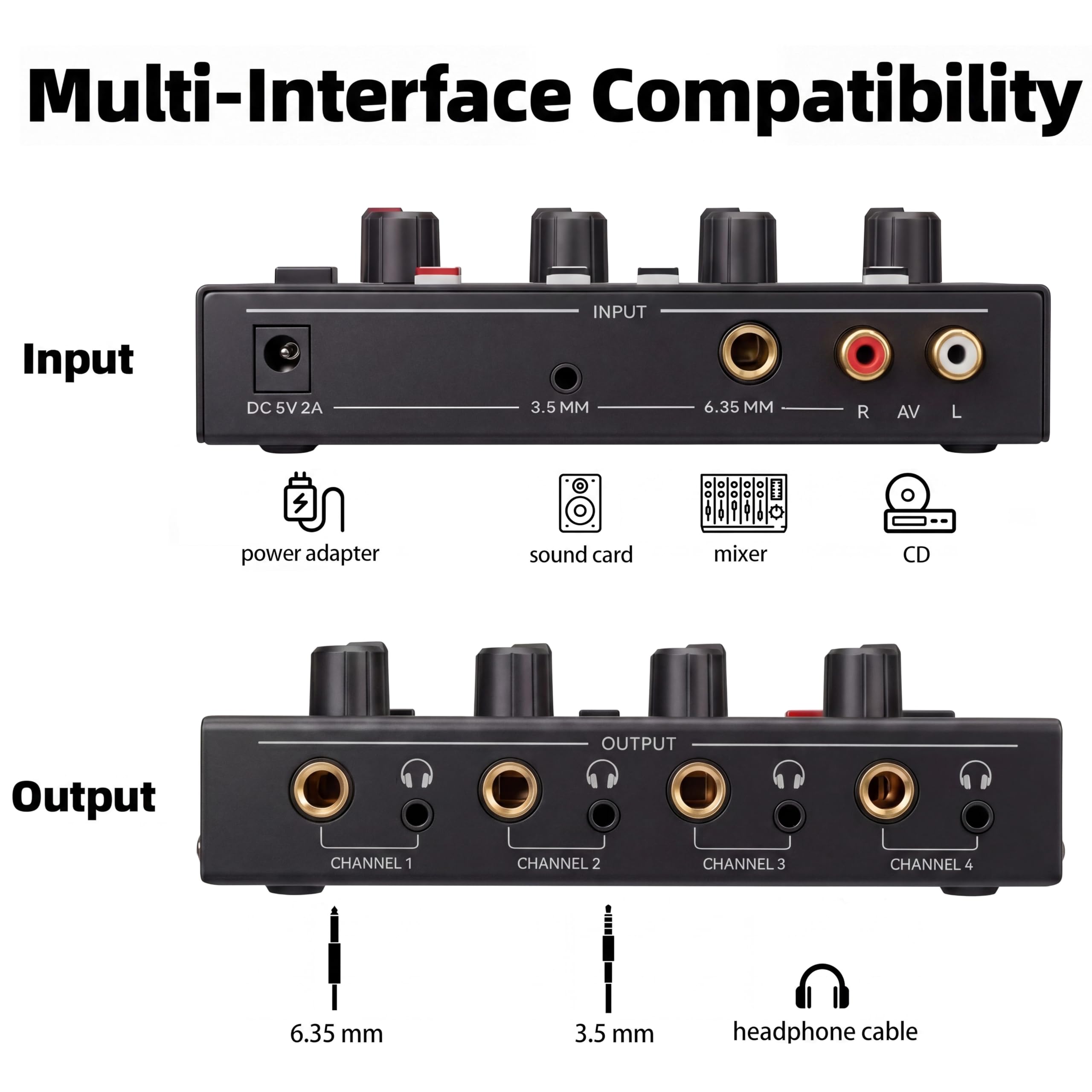 Amplificatore per cuffie a 4 canali con luce a 7 colori, amplificatore per cuffie per studio musicale con splitter audio per cuffie mono/stereo multi-porta in metallo con uscita cuffie TRS da 1