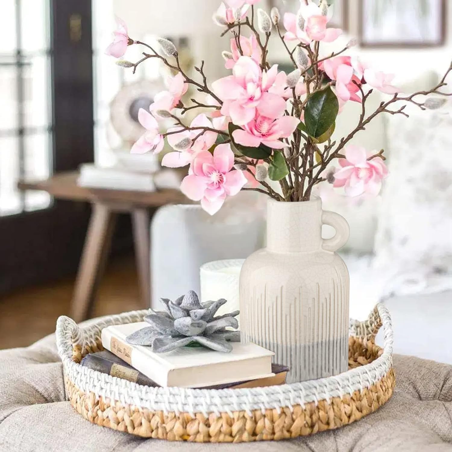 Ceramic Rustic Farmhouse Vase for Home Decor 9.2 inch Decorative Boho White Pottery Flower Vase for Centerpiece Living Room Bedroom Kitchen Bathroom Dining Table Mantel Shelf Decor