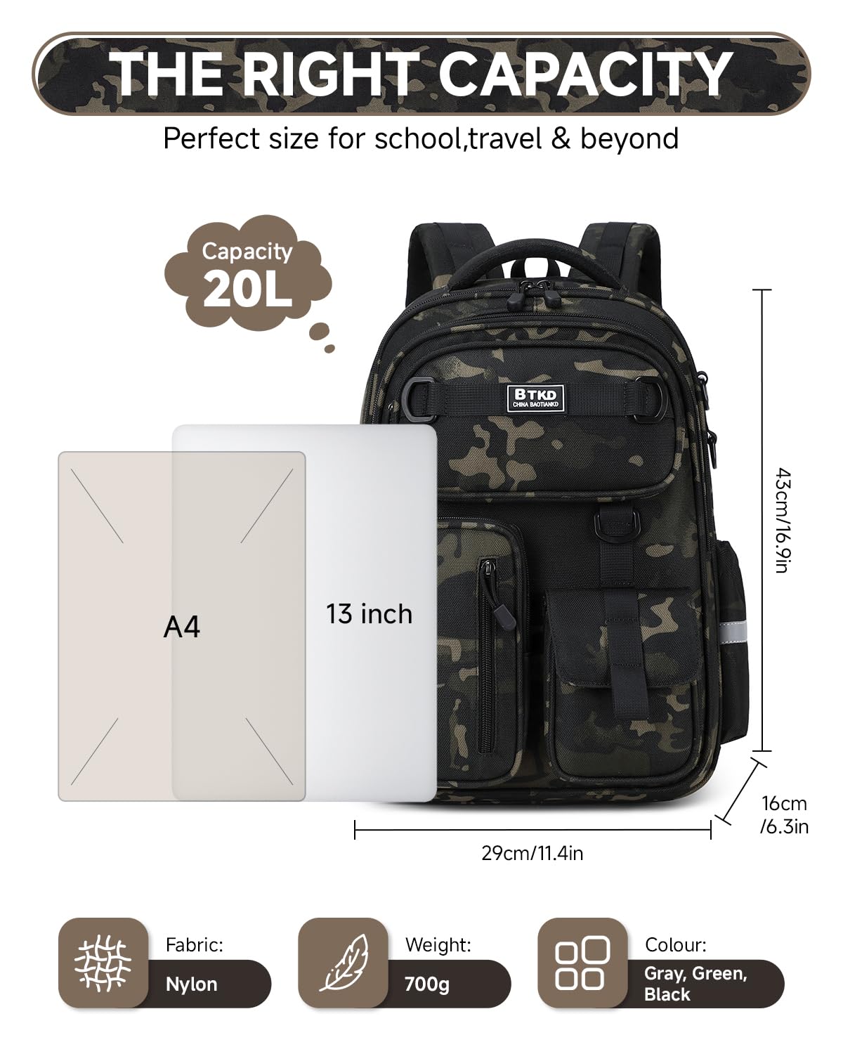 Amythe Cartable Garçon Primaire CE2 CM1 CM2, Camouflage Noir