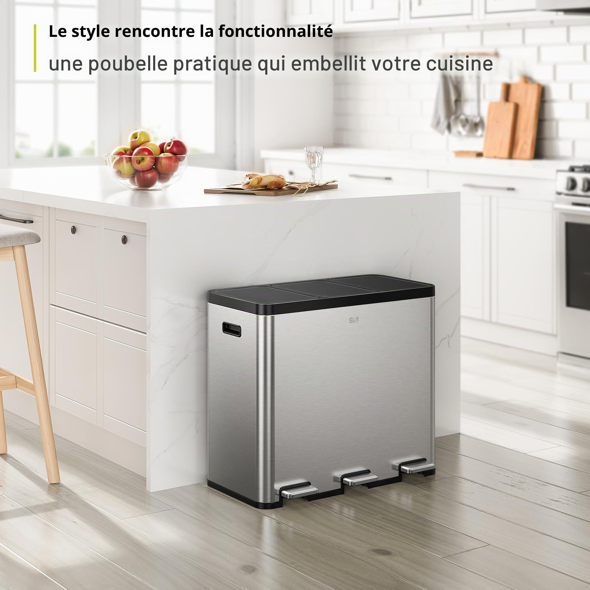 EKO Essential Poubelle à 3 compartiments, 3 x 20 l, système de tri sélectif, poubelle de cuisine, avec 20 sacs poubelles, grande capacité avec couvercle, fermeture douce et hermétique, en acier