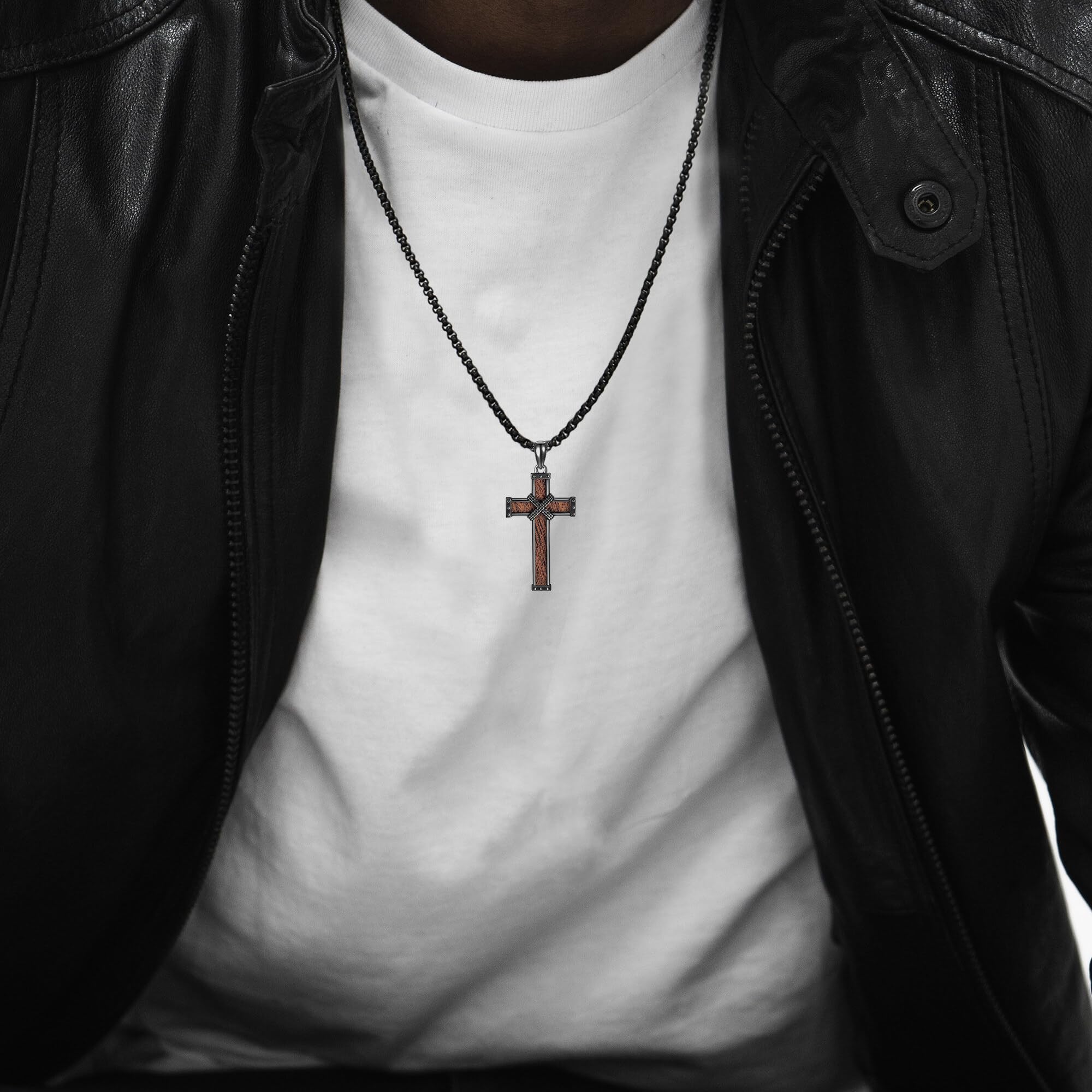 Kreuz Holzkreuz Kette 925 Sterlingsilber Schwarzem Kreuzanhänger Halsketten Religiöser Schmuck für Damen Herren 24 Zoll Rundboxkette