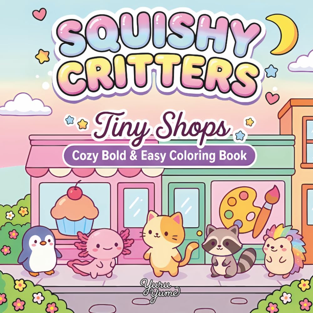 Squishy Critters Tiny Shops - Cozy Bold & Easy Coloring Book: 40 Cute and Simple Designs Featuring Adorable Animals Running Comfy Cafes, Bakeries, and Boutiques for Teens and Adults