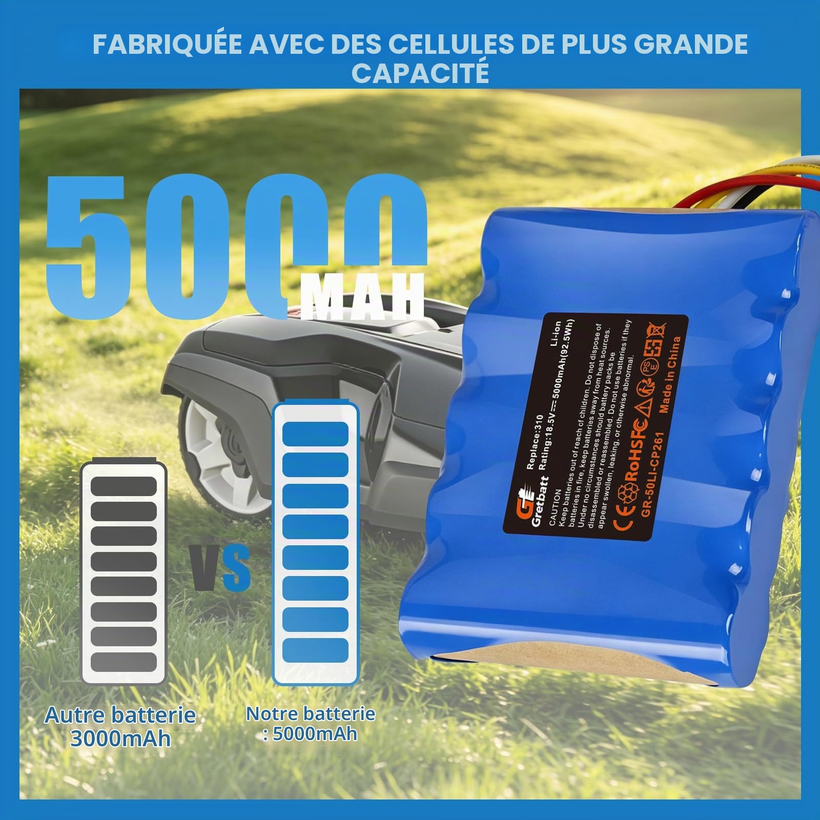 Batterie de Remplacement 18.5V 5000mAh pour Tondeuse Robot Husqvarna Automower 310, 315, 5848228-01, 5848228-02, 5848528-01, 5895862-01, Compatible avec Les tondeuses Robot Gardena Sileno R100Li, R1