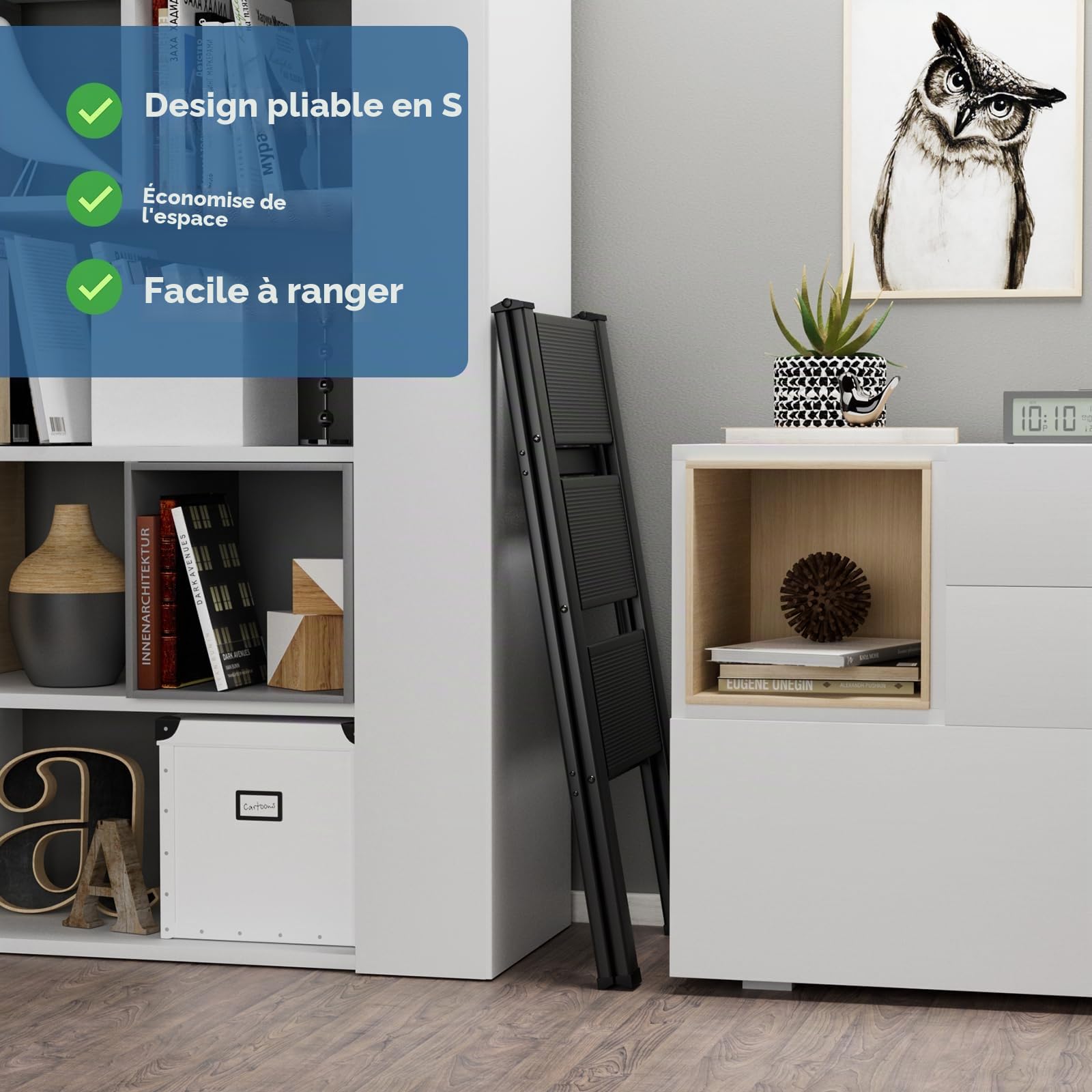 Échelle Aluminium Pliante à 3 Étapes - Antidérapante - Portable - Charge max. 150 kg - Pour Cuisine, Maison, Bureau, Peinture DIY (Noir)