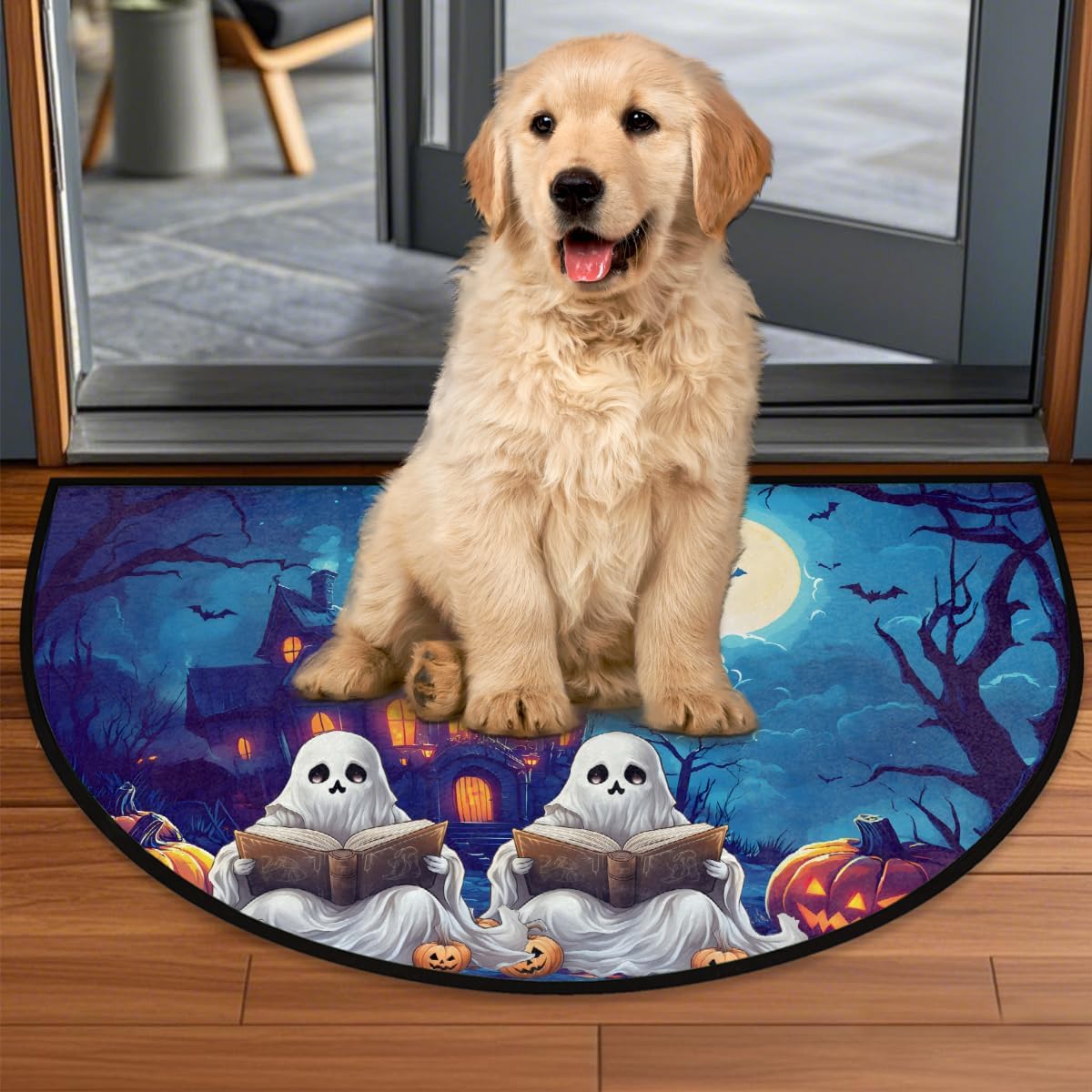 cfpolar Half Round Door Mat Ghosts Halloween Pumpkin Non-Slip Semi Circle Area Rug Washable Half Moon Hearth Rugs for Indoor Outdoor Bathroom Kitchen Patio Runner Mat Laundry Room Home Decoration