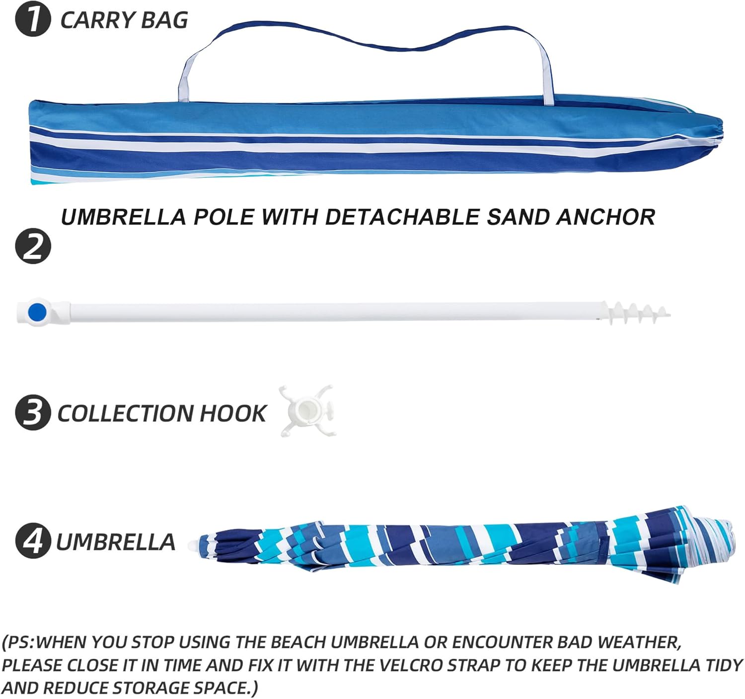 MEWAY 6.5ft Beach Umbrella with Sand Anchor & Tilt Mechanism, Portable UV 50+ Protection, Outdoor Sunshade Umbrella with Carry Bag, for Garden Beach Outdoor(Green stripes)