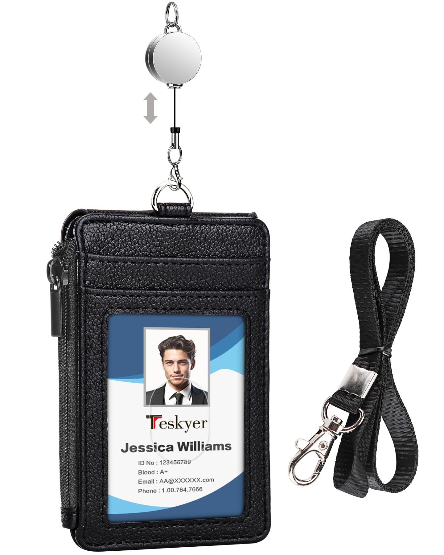 Teskyer Faux Leather ID Badge Holder - Retractable Lanyard with 4 Card Slots & Zip Pocket, Oyster/Bus Pass Storage, Vertical Design (Black)