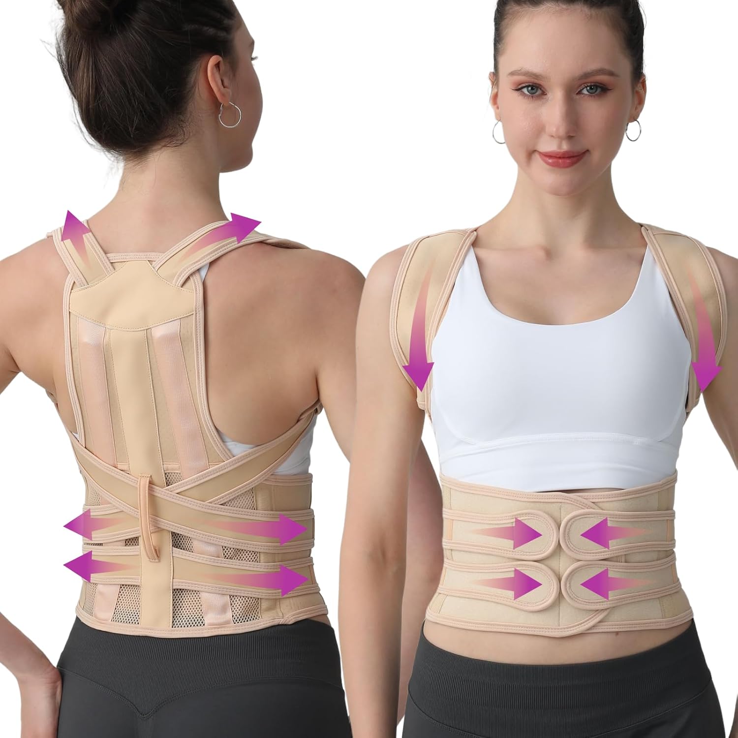 Posture Corrector for Women and Men, Adjustable Shoulder Straightener with Full Back Support, Relief for Lower & Upper Back Pain, Spine, Scoliosis Relief (Beige, Small)