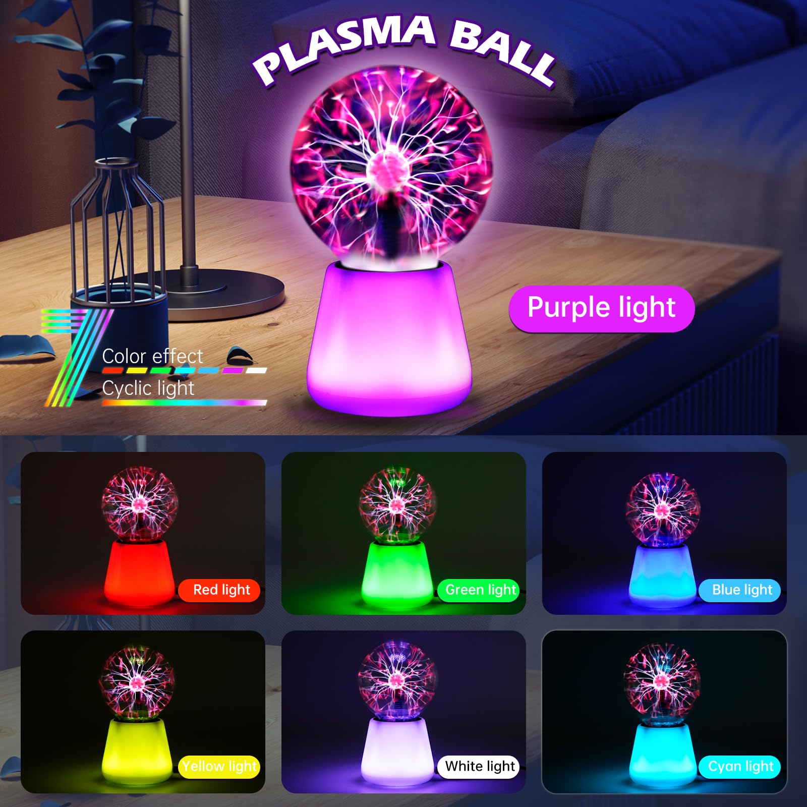 Lampa z kulką plazmową interaktywna dotykowa kula błyskawiczna 7 cali zabawna lampa zasilana przez USB 7 zmieniających się kolorów światła nastrojowe oświetlenie rekwizyt na imprezę prezenty