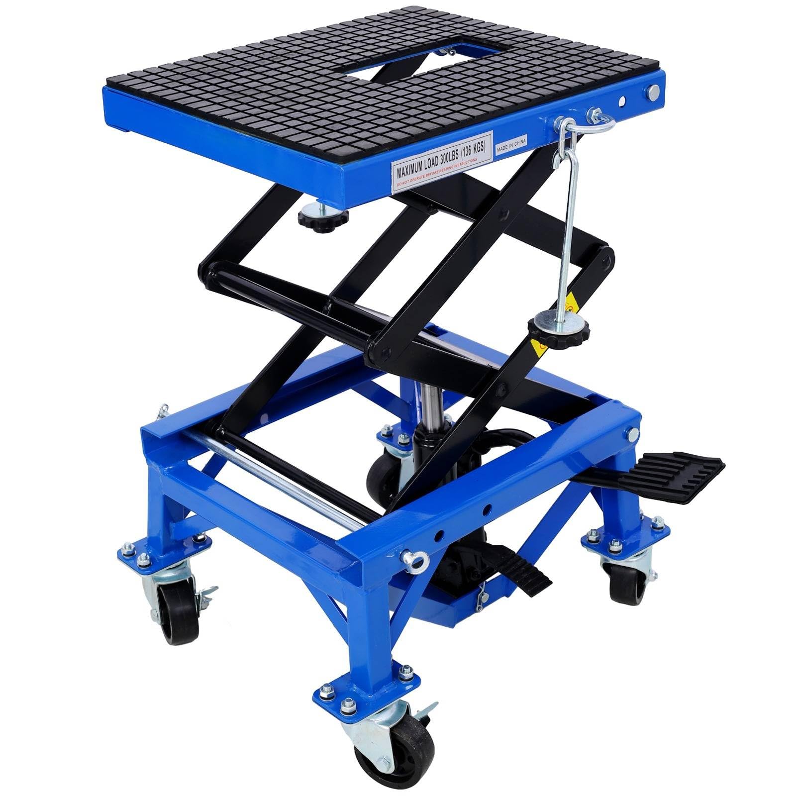 FRITHJILL 300 Lbs Heavy Duty Hydraulic Motorcycle Scissor Lift Jack with 4 Wheels for Small Dirt Bikes, Motorcycle Lift Table with Foot Pad, Blue